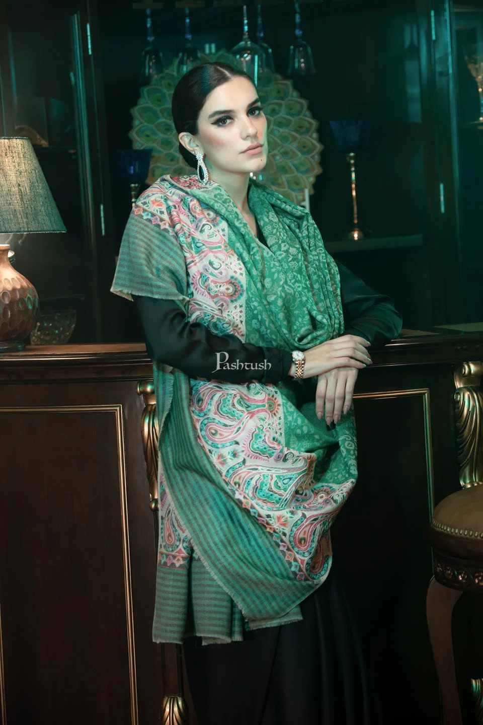 Pashtush womens Fine Wool shawl, With Embroidered Ethnic Palla design, Soft and Warm, Green - Image 4