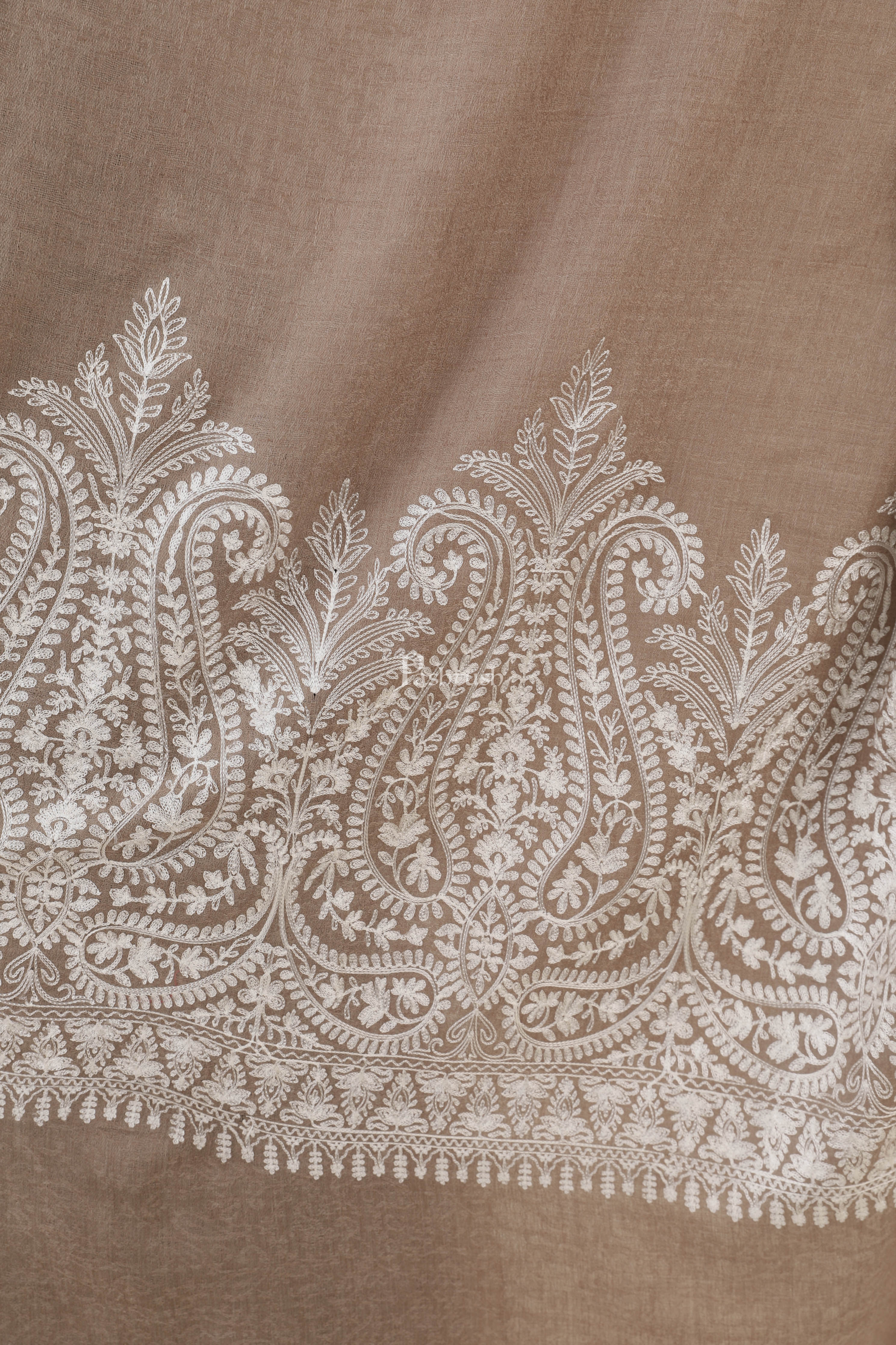 Pashtush Womens Fine Wool Shawl, With Tone On Tone Nalki Embroidery, Soft And Warm, Taupe - Image 2
