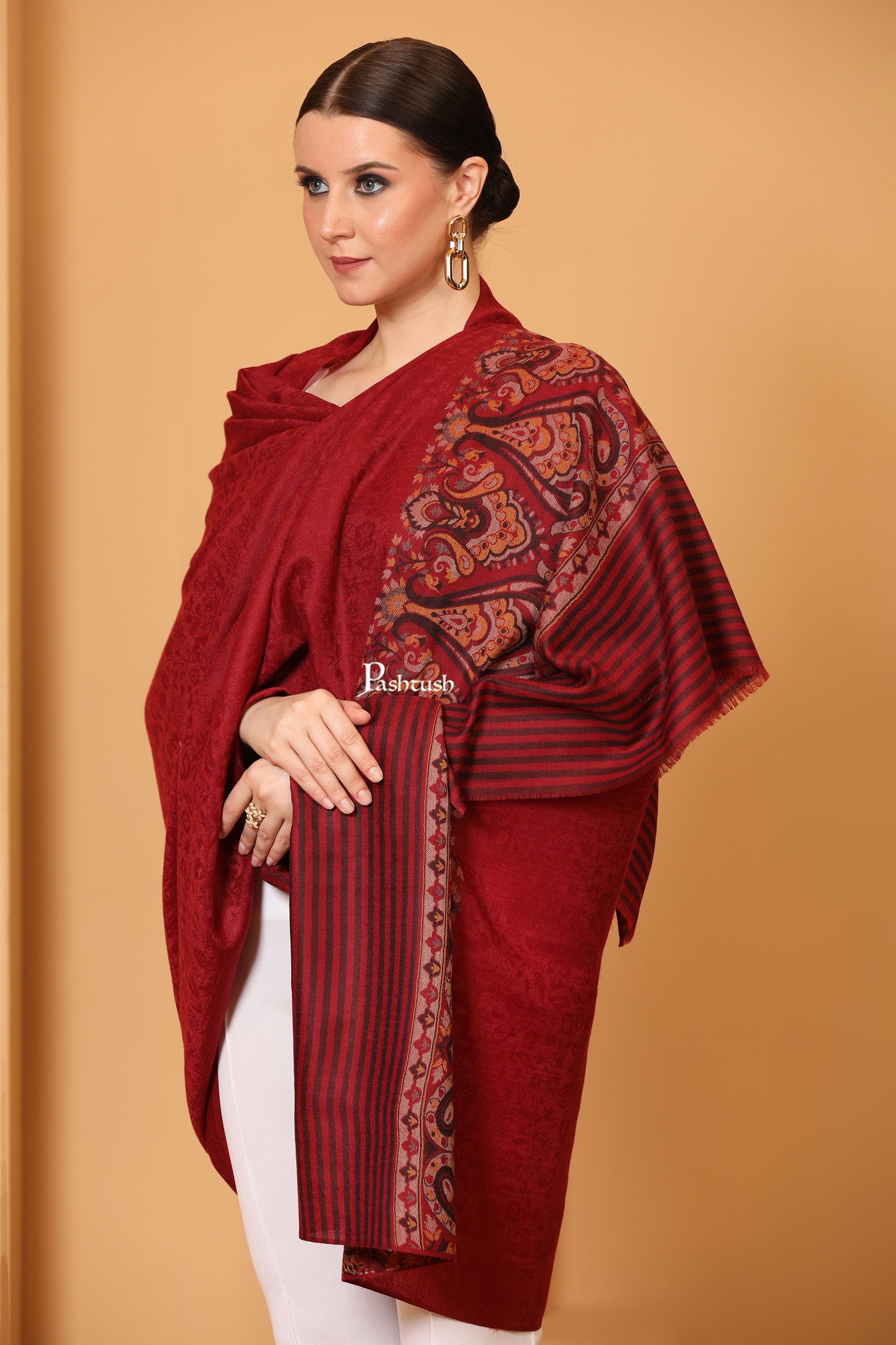 Pashtush Womens Fine Wool Shawl, Woven Design, Ethnic Weave Palla, Crimson Maroon - Image 2