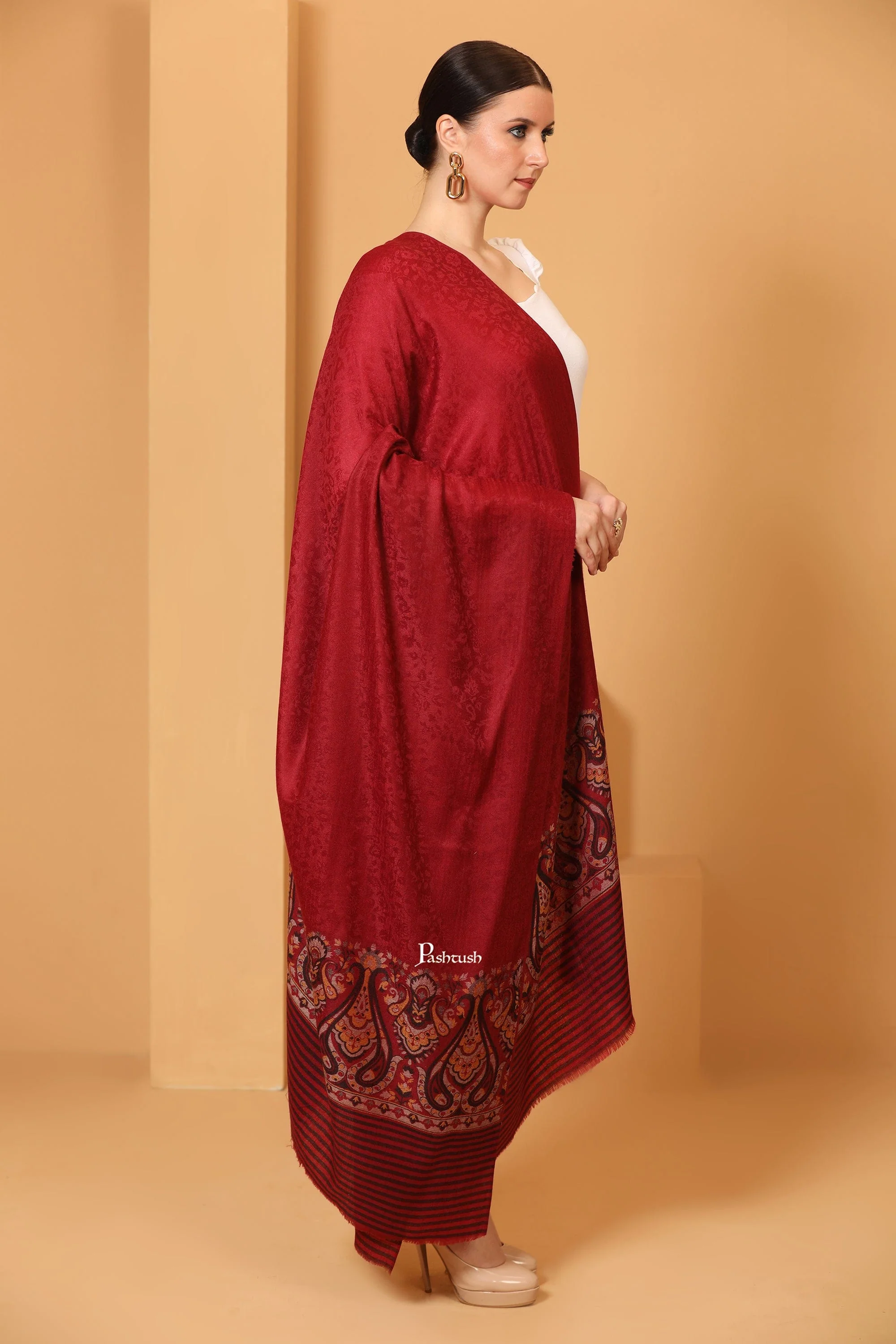Pashtush Womens Fine Wool Shawl, Woven Design, Ethnic Weave Palla, Crimson Maroon - Image 5