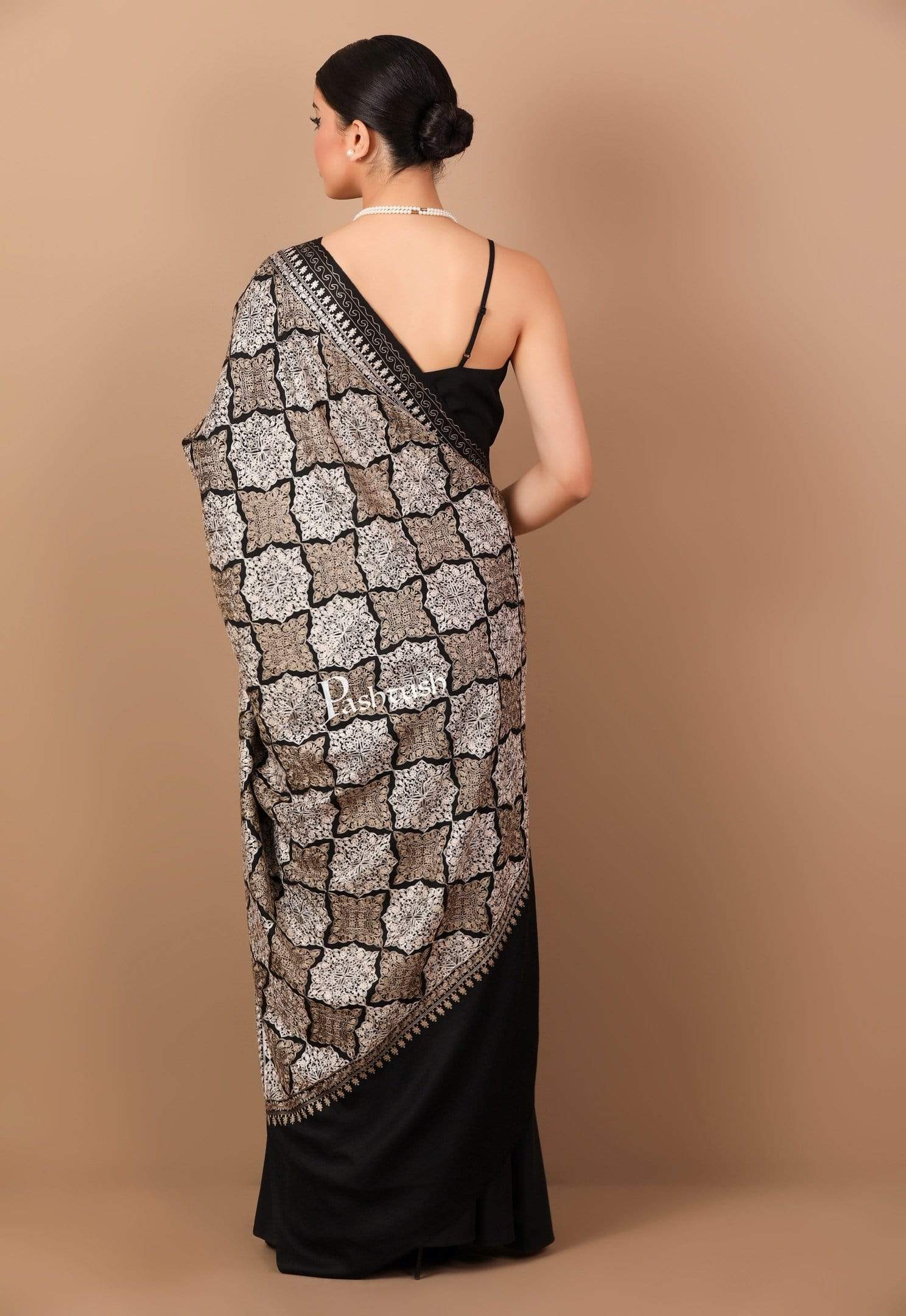 Pashtush Womens Fine Wool, Silky Nalki Embroidery Needlework Shawl, Black - Image 3
