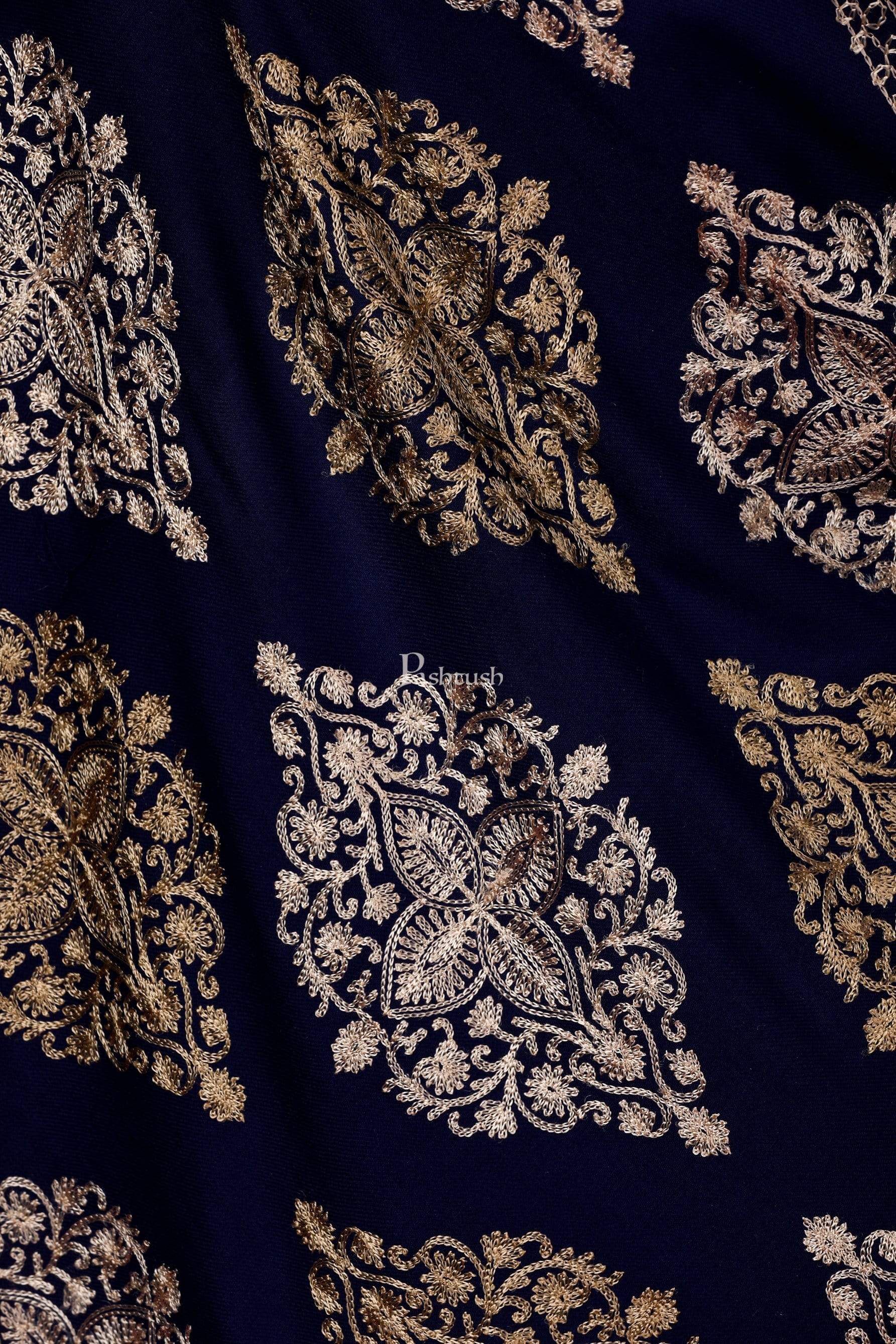 Pashtush Womens Fine Wool, Silky Nalki Embroidery Needlework Stole, Navy Blue - Image 2