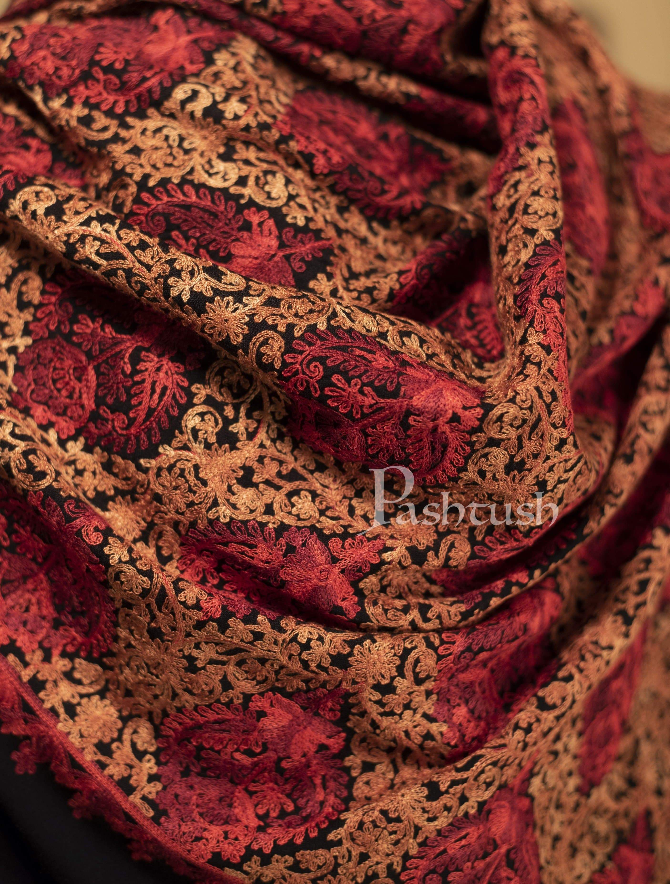 Pashtush Womens Woollen, Silky Aari Embroidery Needlework Stole, Black - Image 2