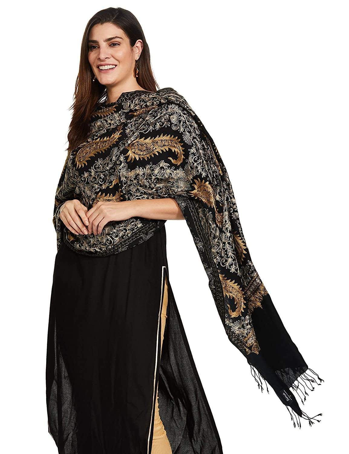 Pashtush Womens Fine Wool, Silky Nalki Embroidery Needlework Stole, Black - Image 5