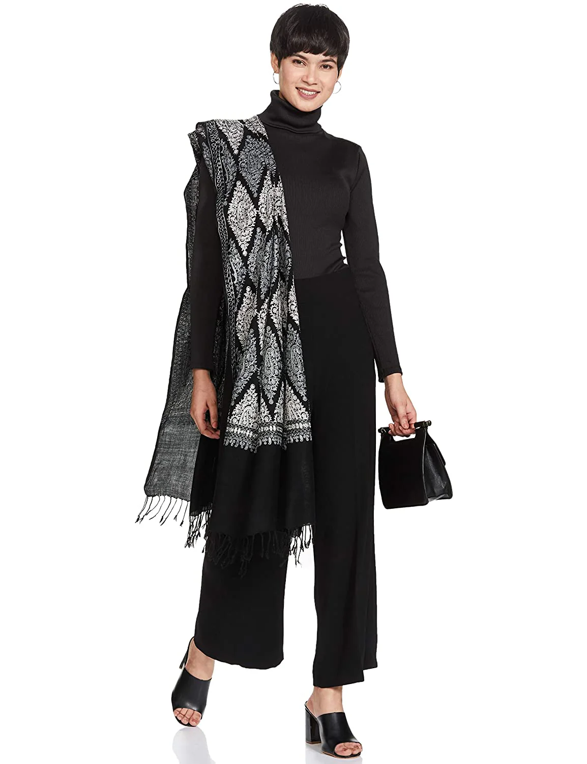 Pashtush Womens Fine Wool, Silky Nalki Embroidery Needlework Stole, Black - Image 10