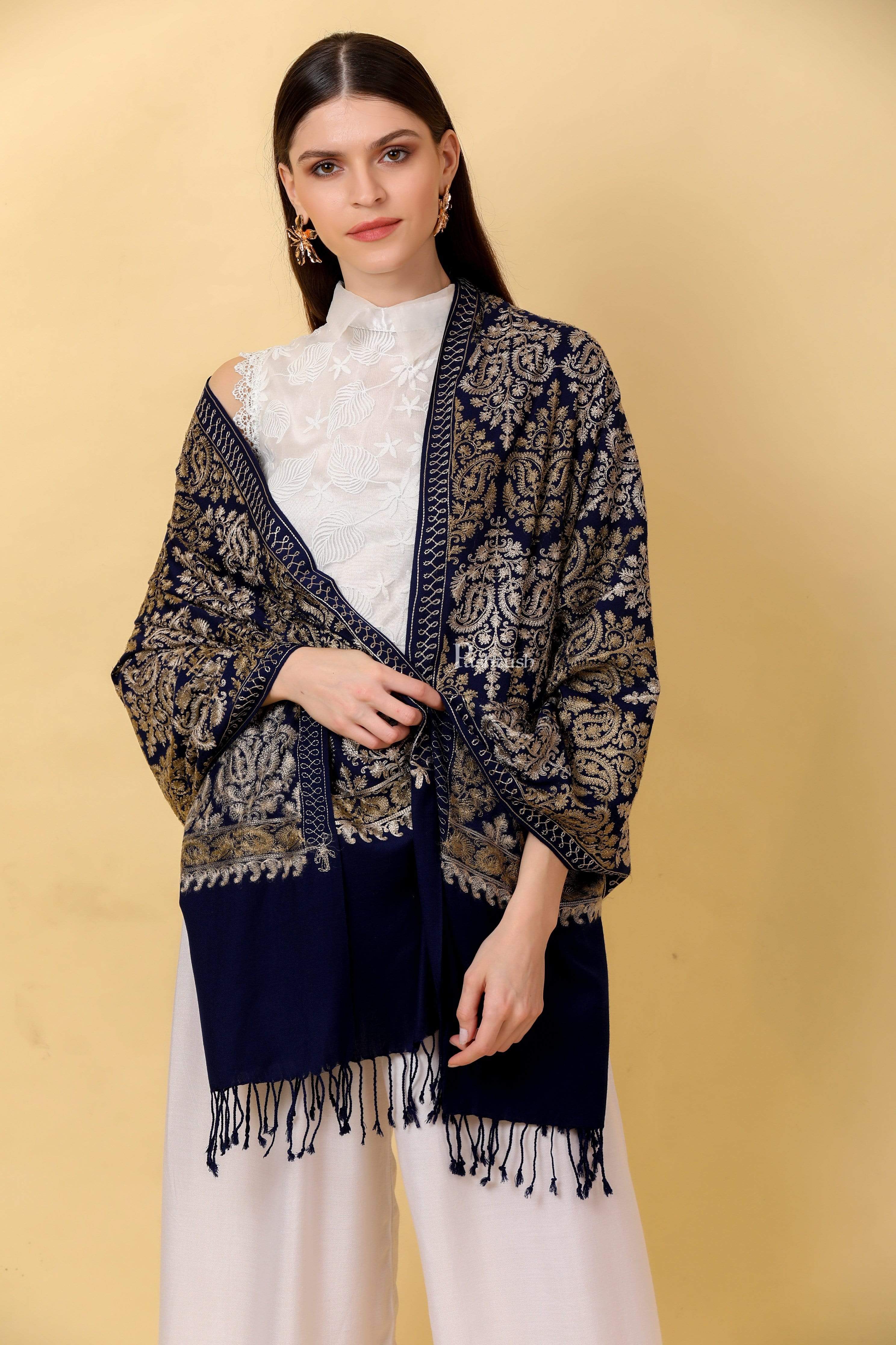 Pashtush Womens Fine Wool, Silky Nalki Embroidery Needlework Stole, Navy Blue - Image 4