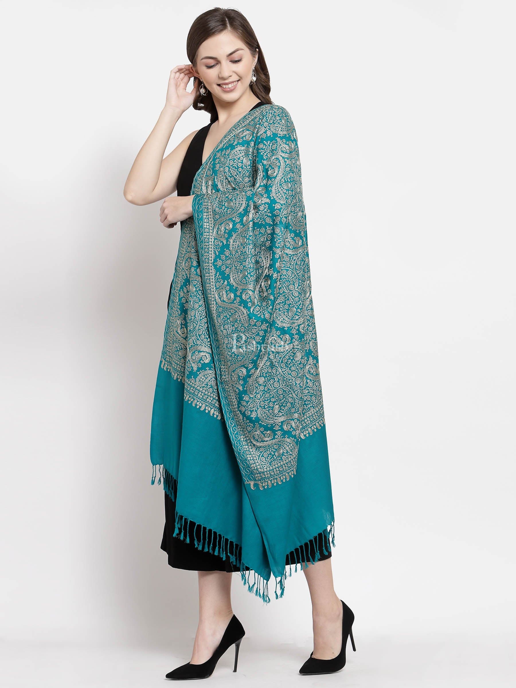 Pashtush Womens Fine Wool, Silky Nalki Embroidery Needlework Stole, Cobalt Blue - Image 4