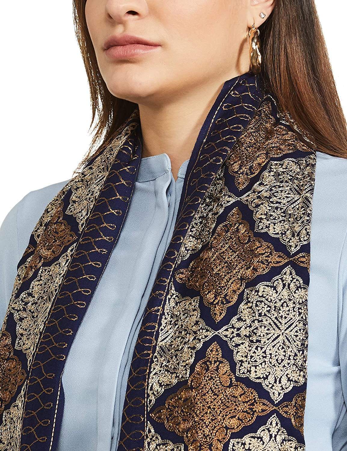 Pashtush Womens Fine Wool, Silky Nalki Embroidery Needlework Stole, Navy Blue - Image 3