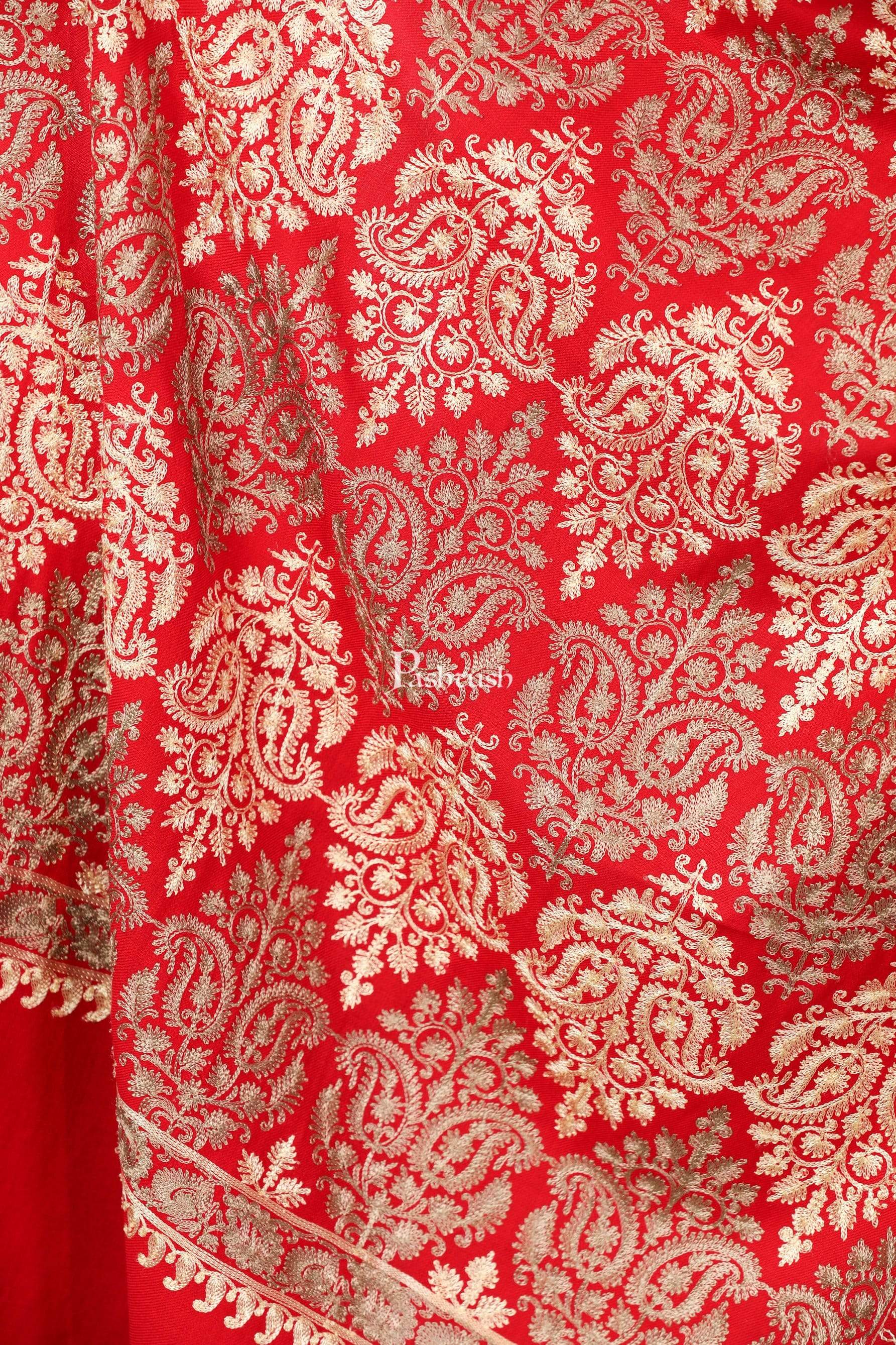Pashtush Womens Fine Wool, Silky Nalki Embroidery Needlework Stole, Scarlet Red - Image 2