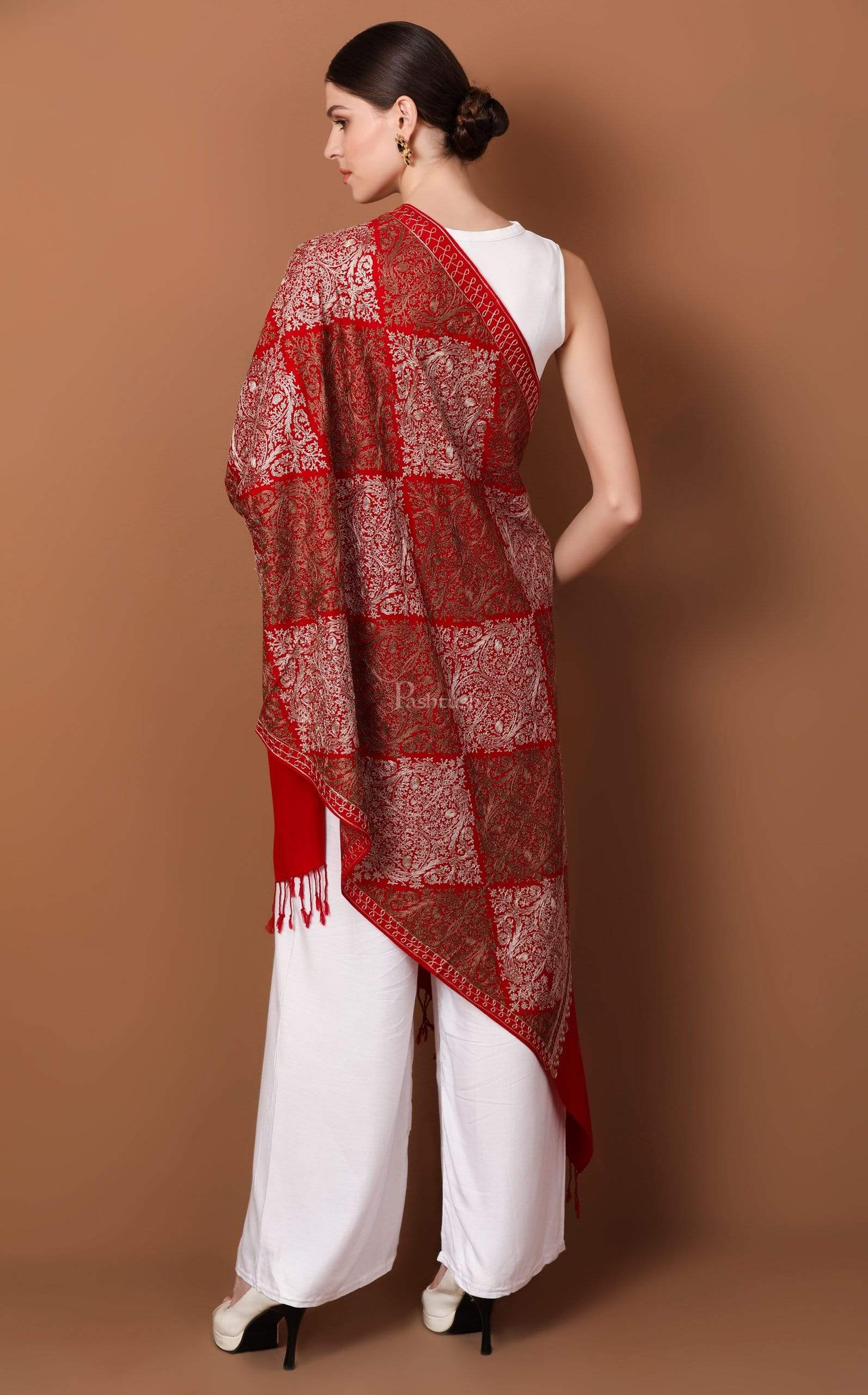 Pashtush Womens Fine Woollen, Silky Thread Nalki Embroidery Stole, Red - Image 4