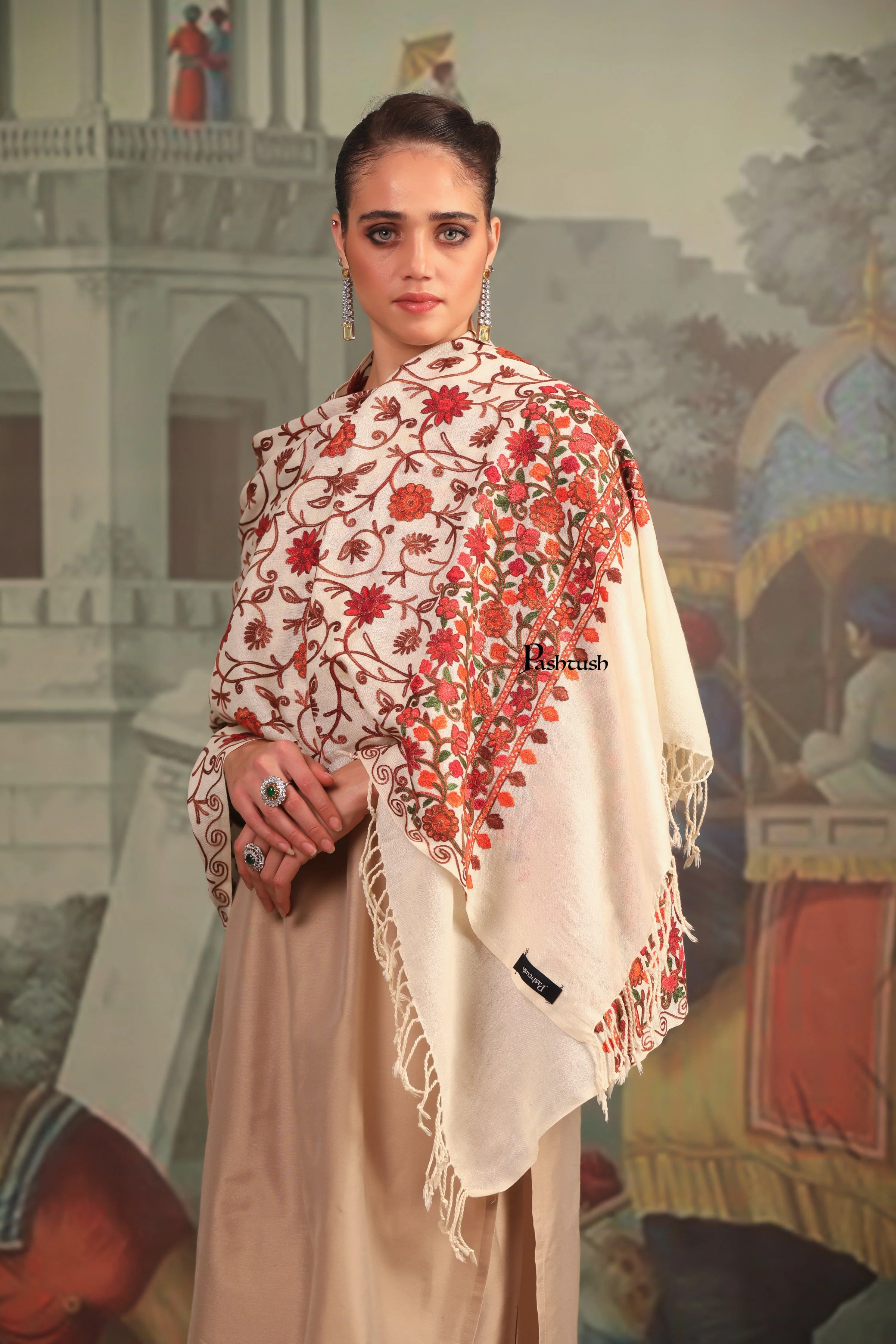 Pashtush Womens Fine Wool Stole, Aari Embroidery Flower Design, Ivory - Image 6