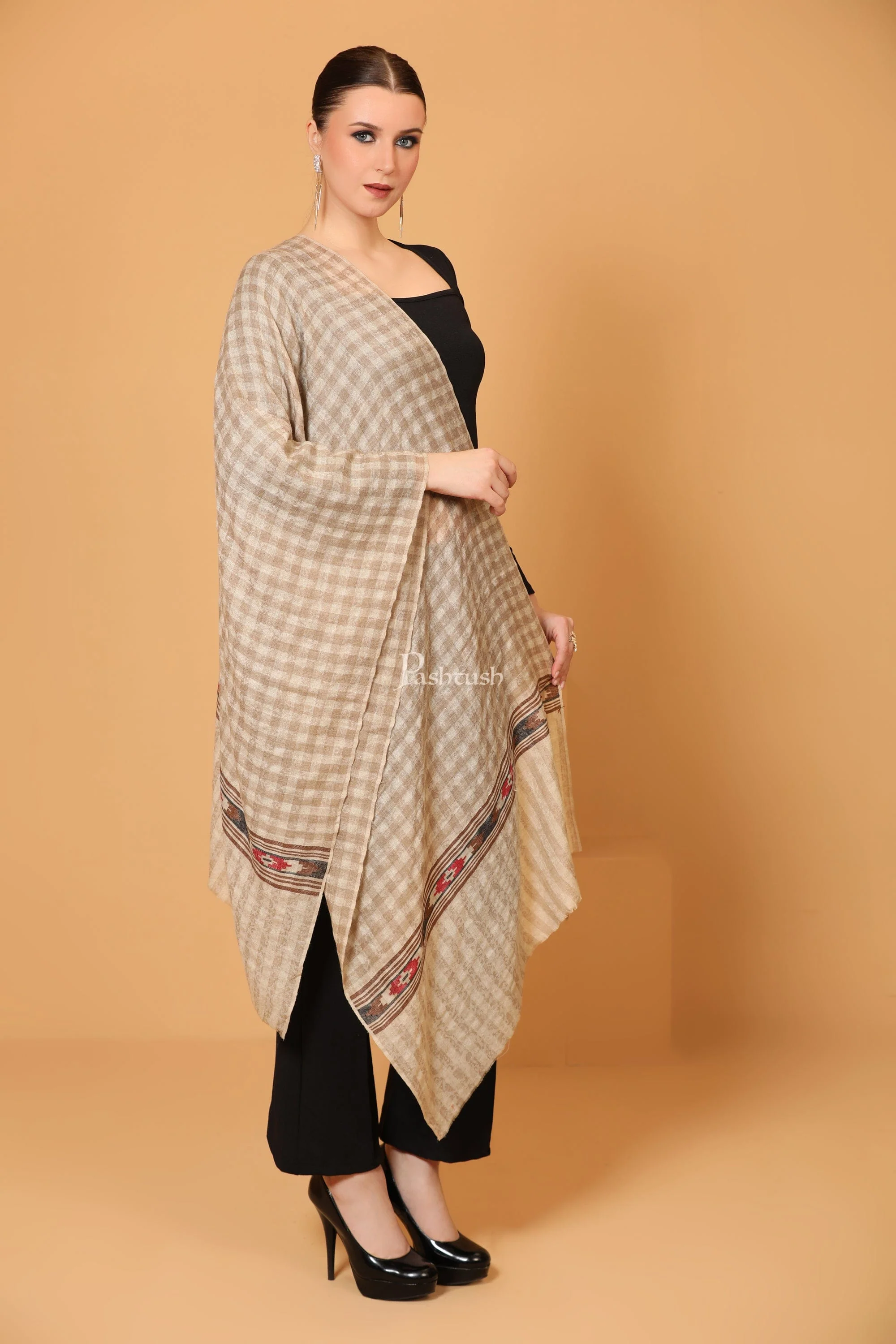 Pashtush Womens Fine Wool Stole, Aztec Weave Design, Soft and Warm, Beige - Image 3