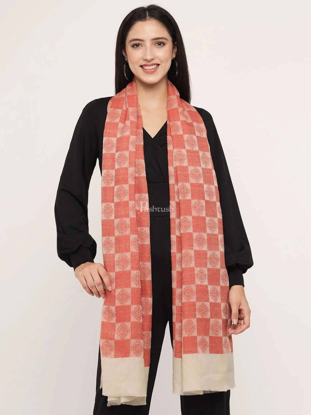 Pashtush Womens Fine Wool Stole, Checkered Weave, Soft and Warm, Orange - Image 5