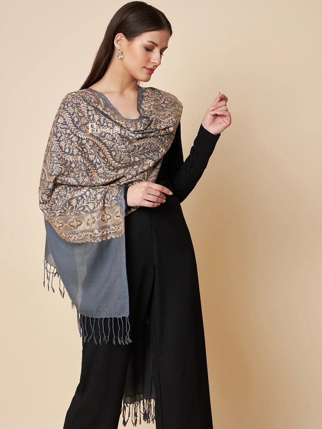 Pashtush Womens Fine Wool Stole, Fine Nalki Embroidery Design, Dark Grey - Image 4