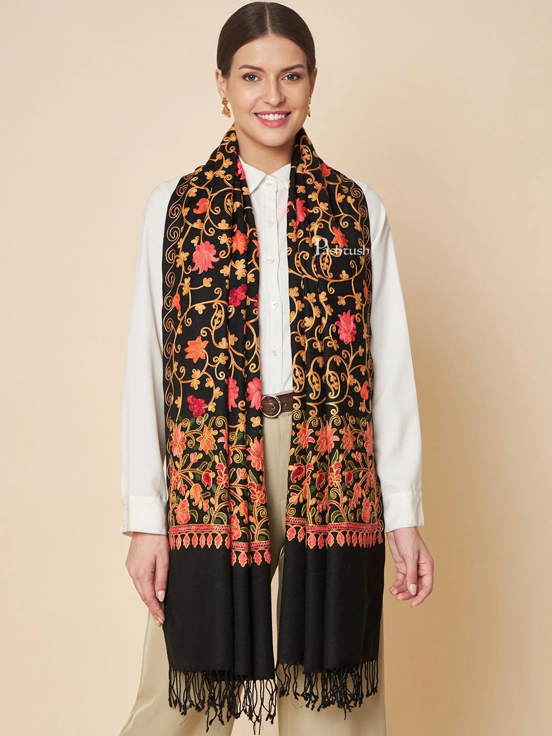 Pashtush Womens Fine Wool Stole, Floral Aari Embroidery Design, Black - Image 2