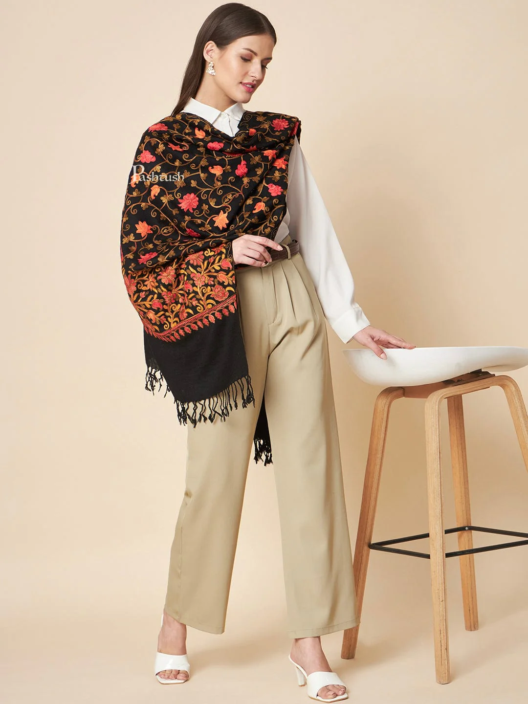 Pashtush Womens Fine Wool Stole, Floral Aari Embroidery Design, Black - Image 5