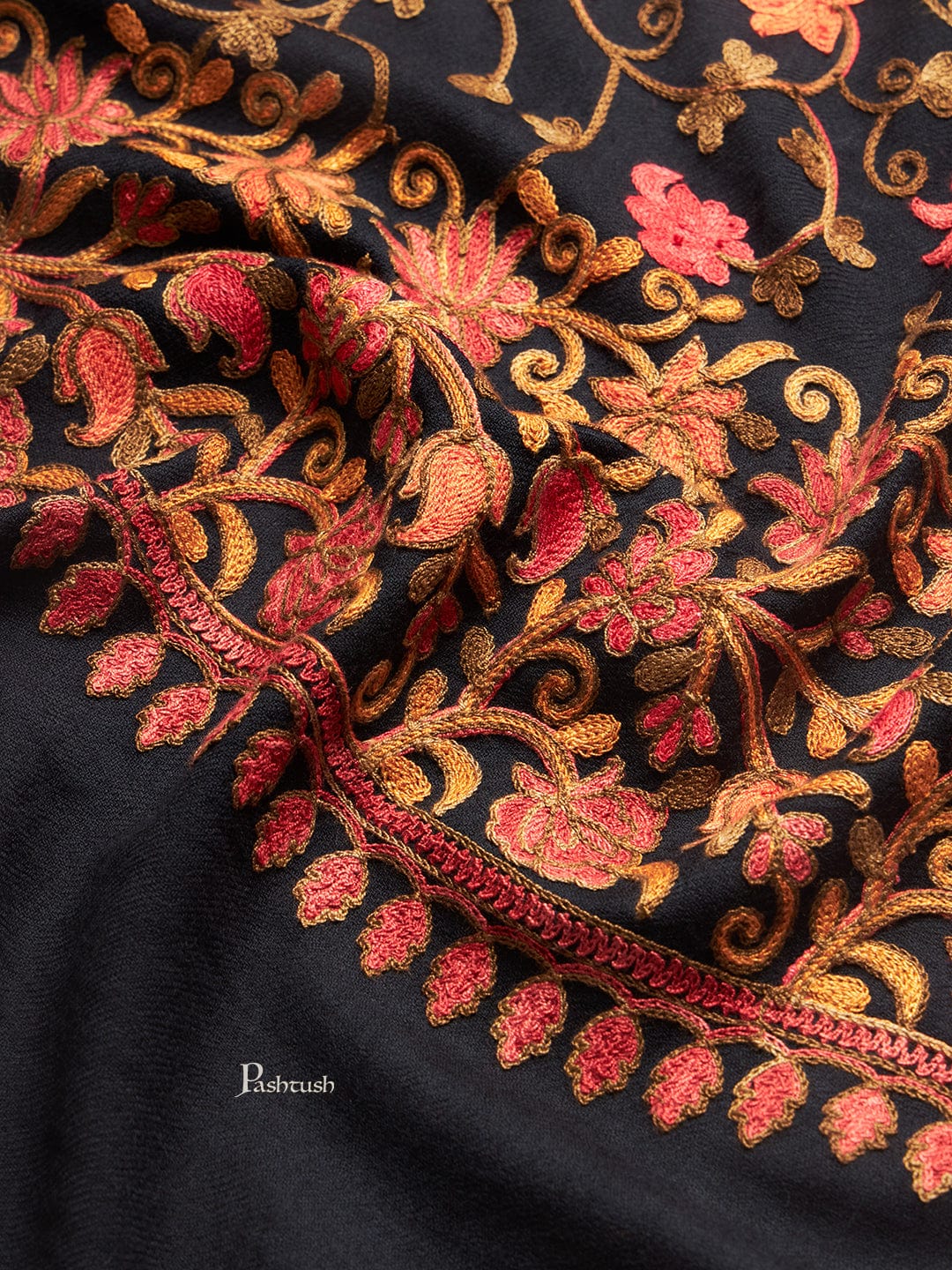 Pashtush Womens Fine Wool Stole, Floral Aari Embroidery Design, Black - Image 6