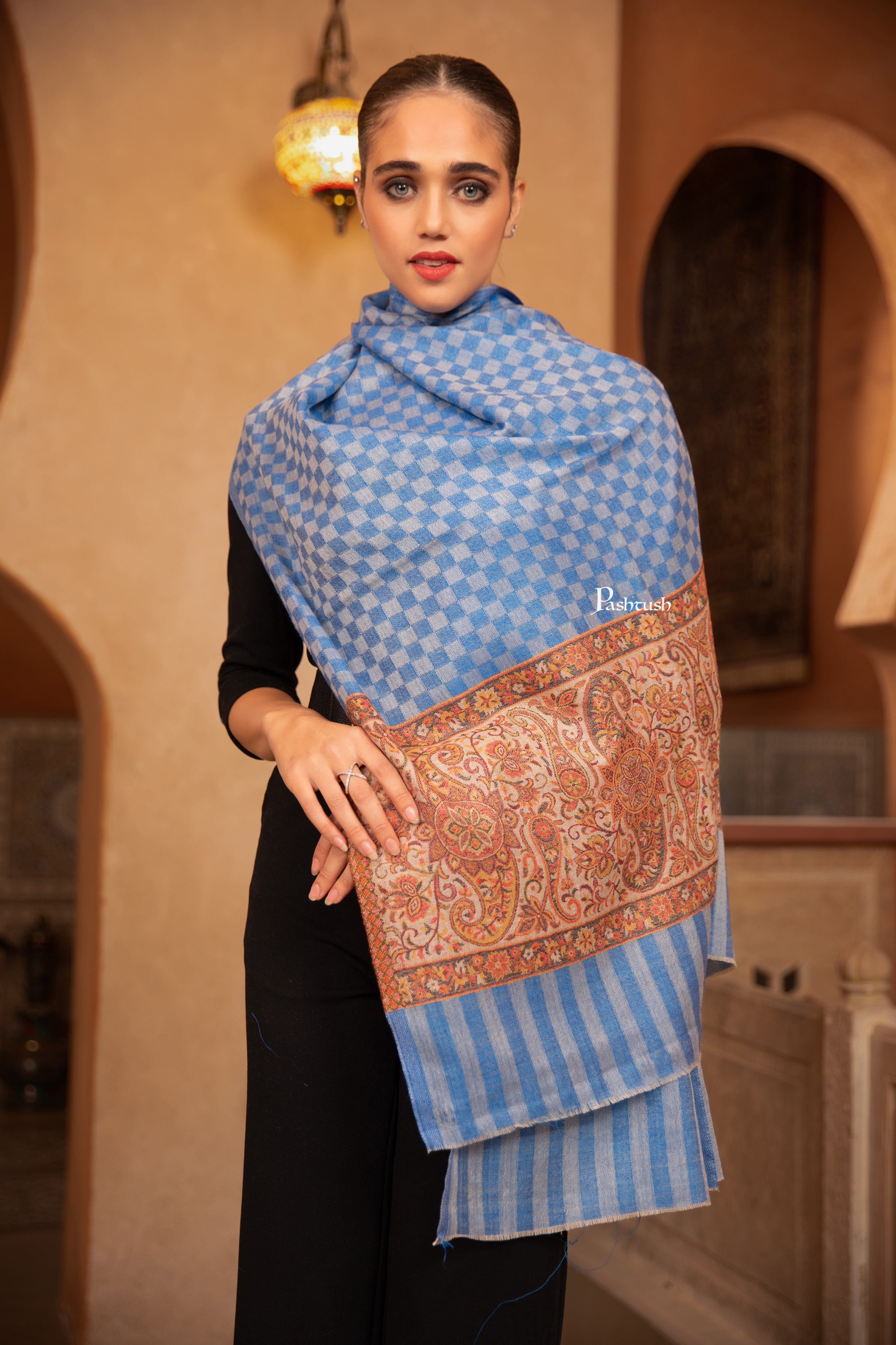 Pashtush Womens Fine Wool Stole, Floral Design, Blue - Image 4