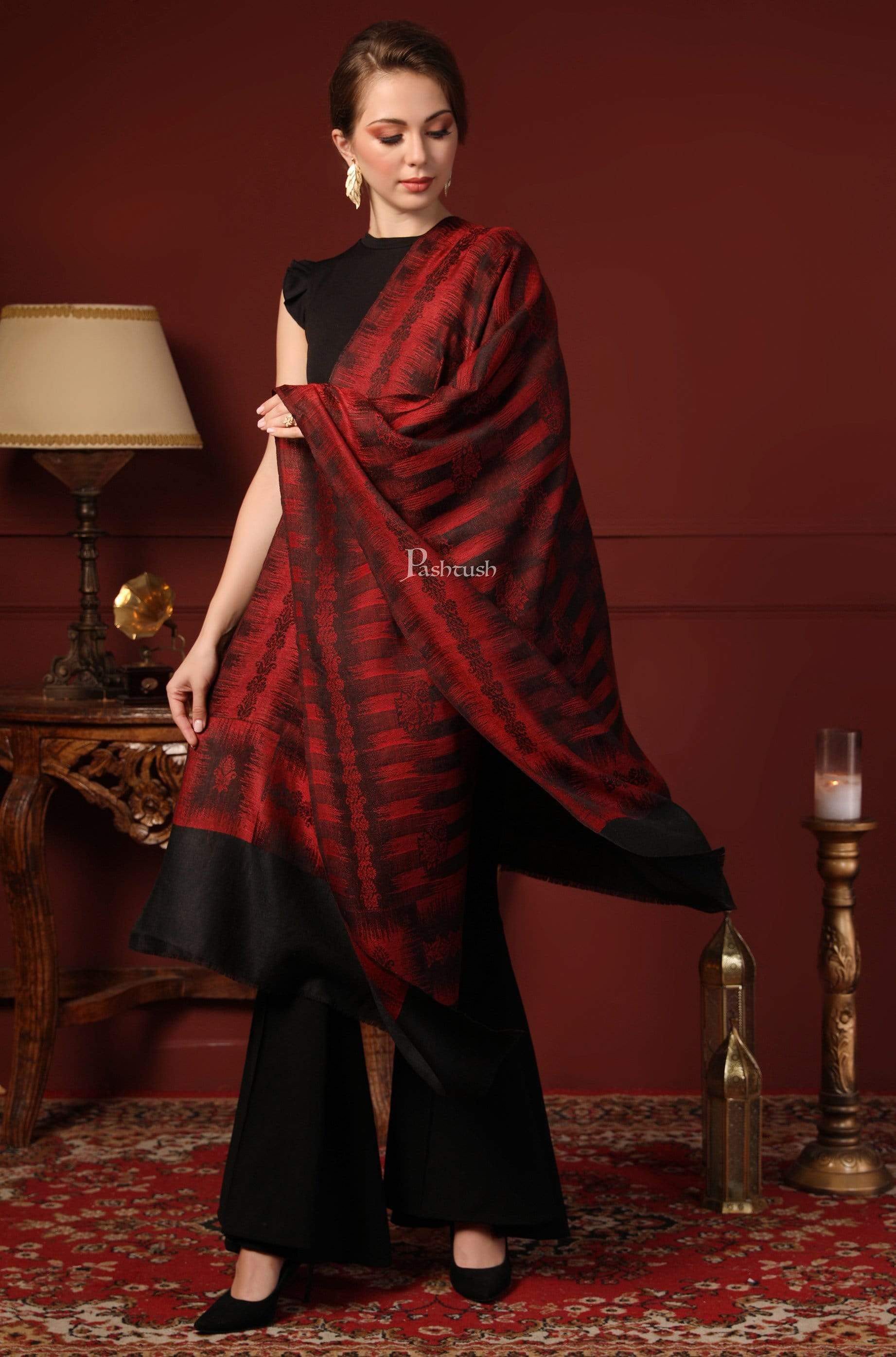 Pashtush Women'S Fine Wool Stole, Ikkat Design, Maroon And Black - Image 2