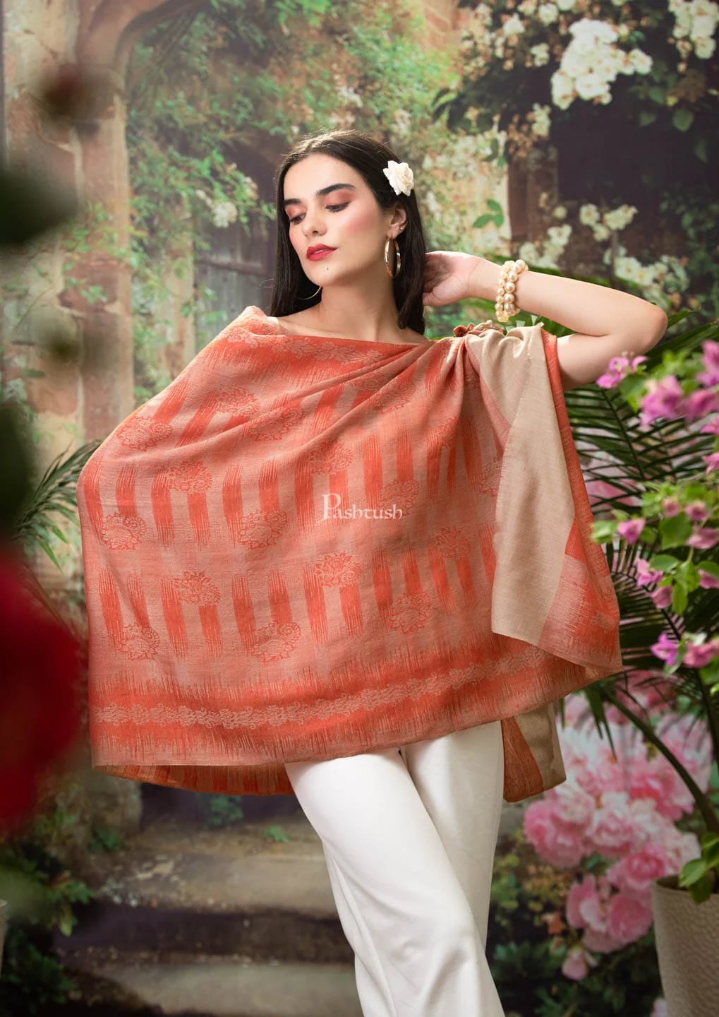 Pashtush womens Fine wool Stole, Ikkat design, Orange - Image 3