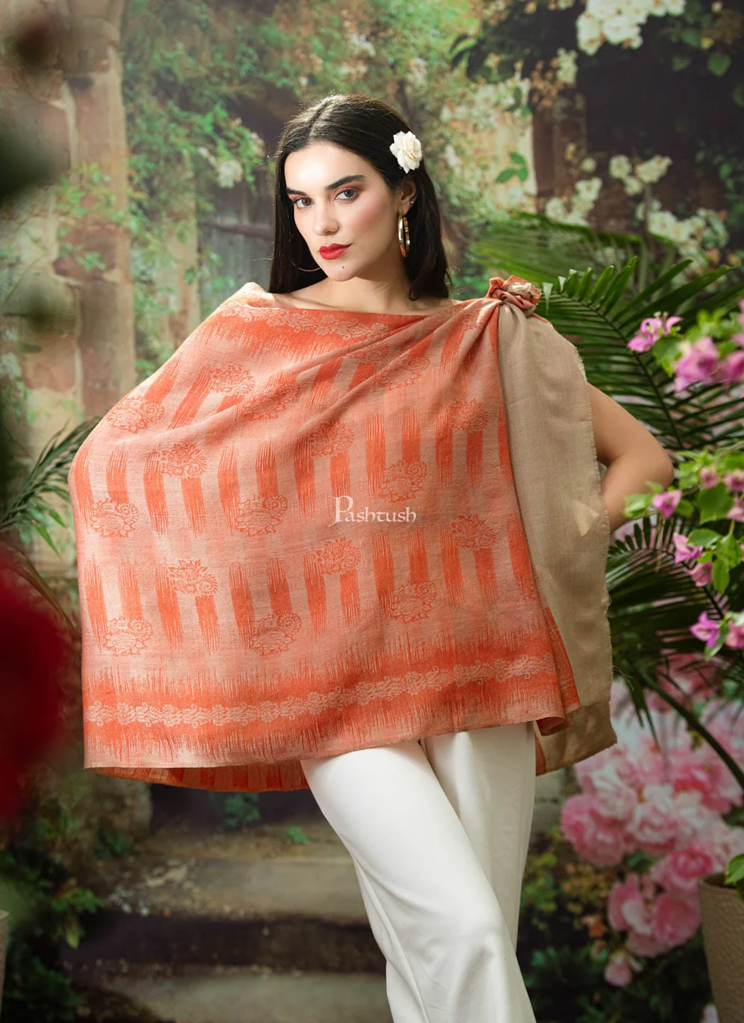 Pashtush womens Fine wool Stole, Ikkat design, Orange - Image 4