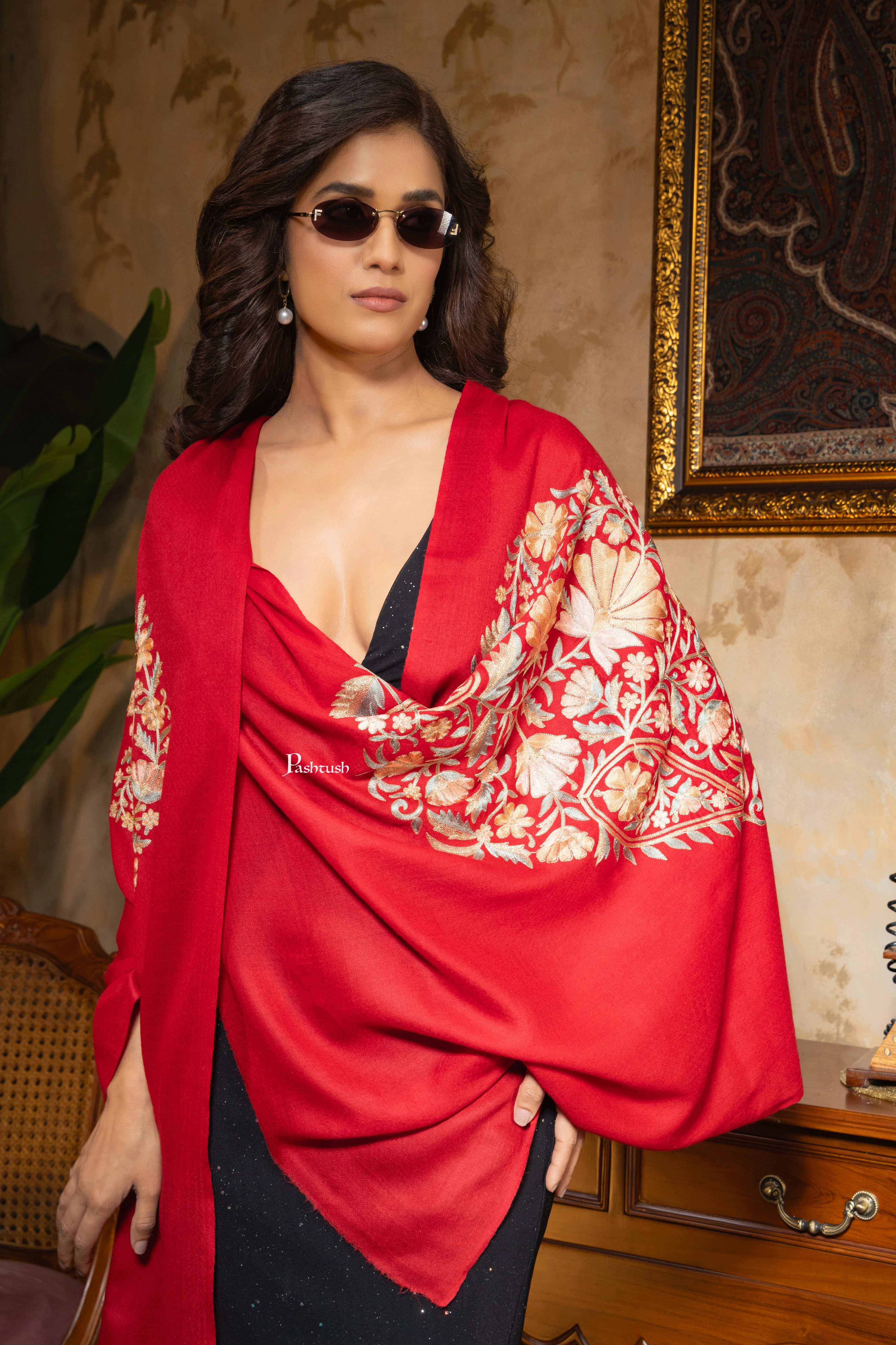 Pashtush Womens Fine Wool Stole, Nalki Embroidery Design, Maroon - Image 8