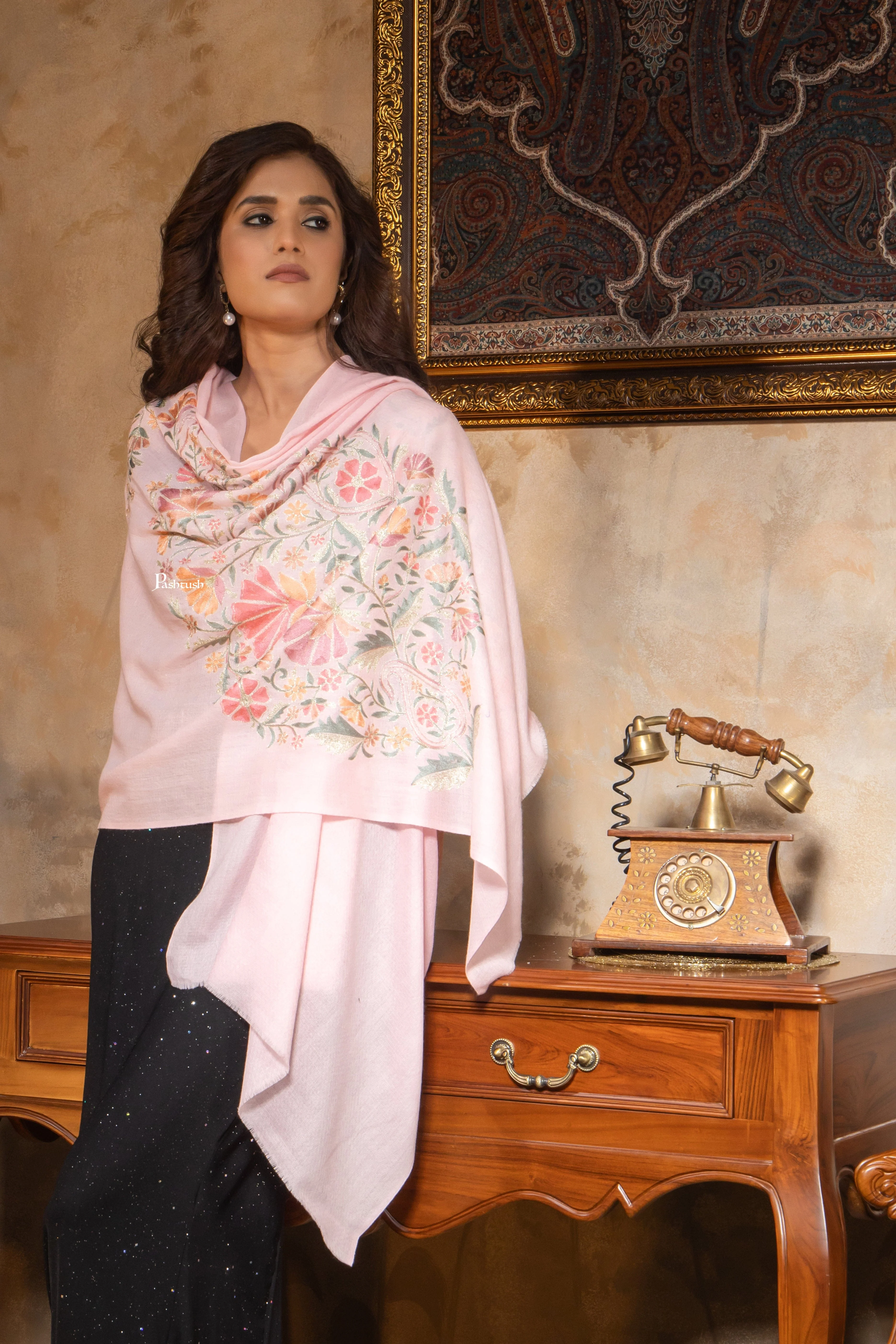 Pashtush Womens Fine Wool Stole, Nalki Embroidery  Design, Soft Pink - Image 7
