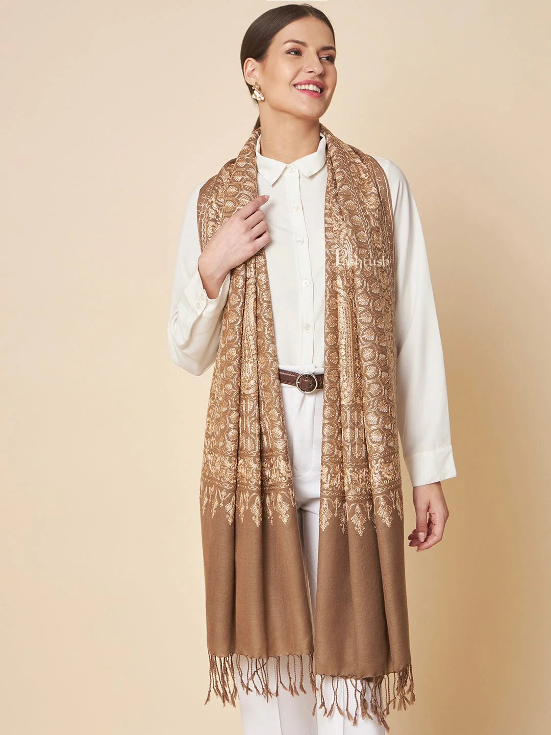 Pashtush Womens Fine Wool Stole, Nalki Embroidery With Paisleys Design, Taupe - Image 2