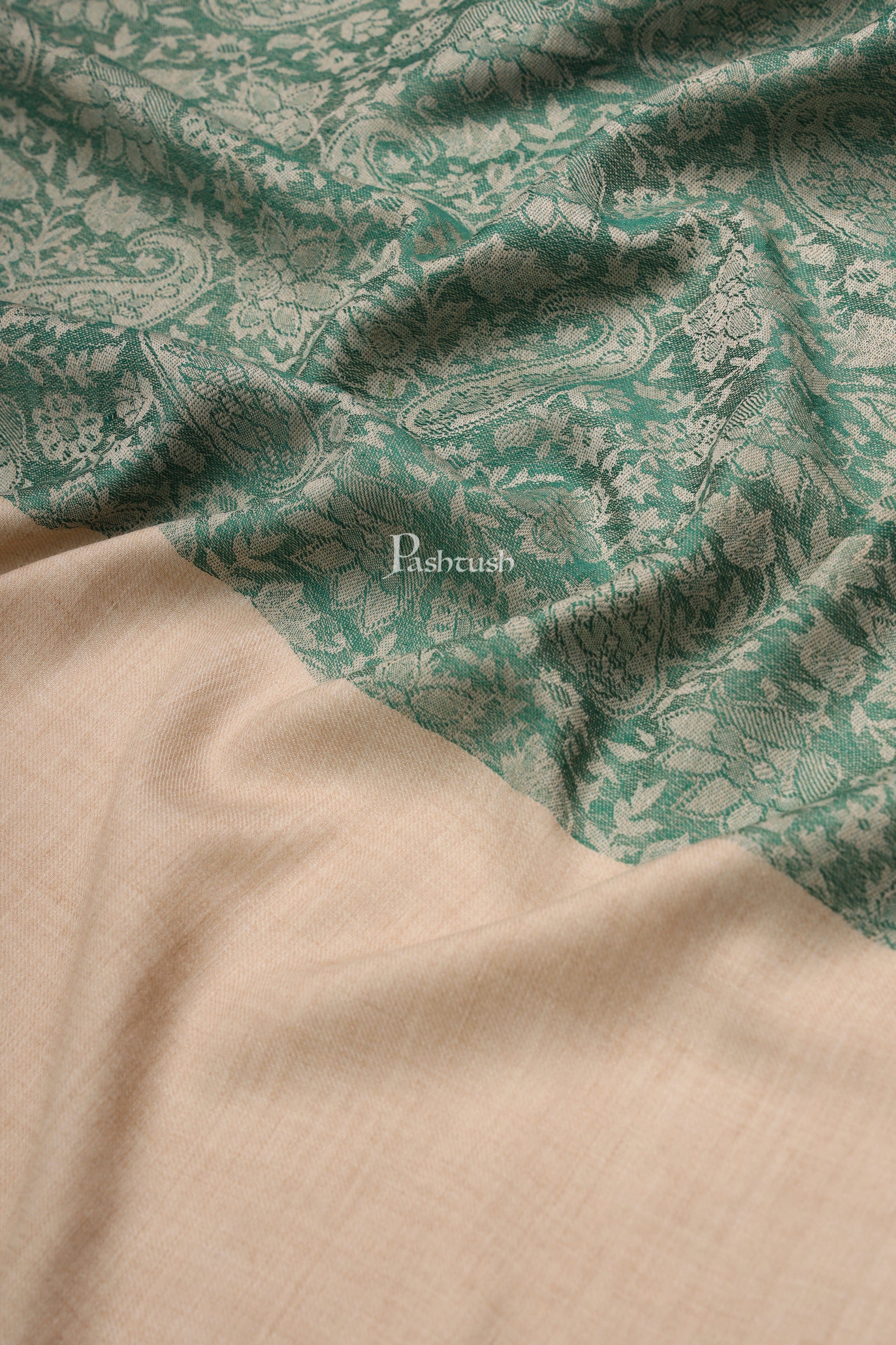 Pashtush Womens Fine Wool Stole, Pasiley  Design, Beige And Green - Image 2