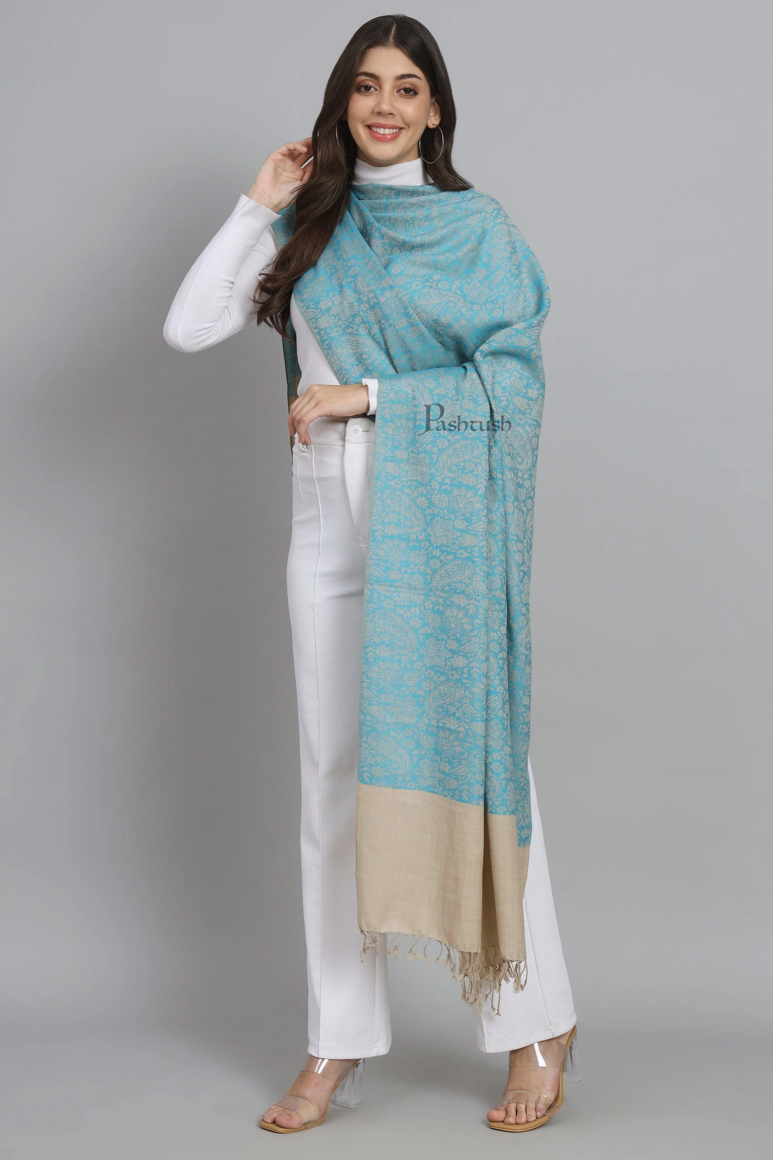 Pashtush Womens Fine Wool Stole, Self Paisley Weave, Woven Design, Arabic Sea Blue - Image 4