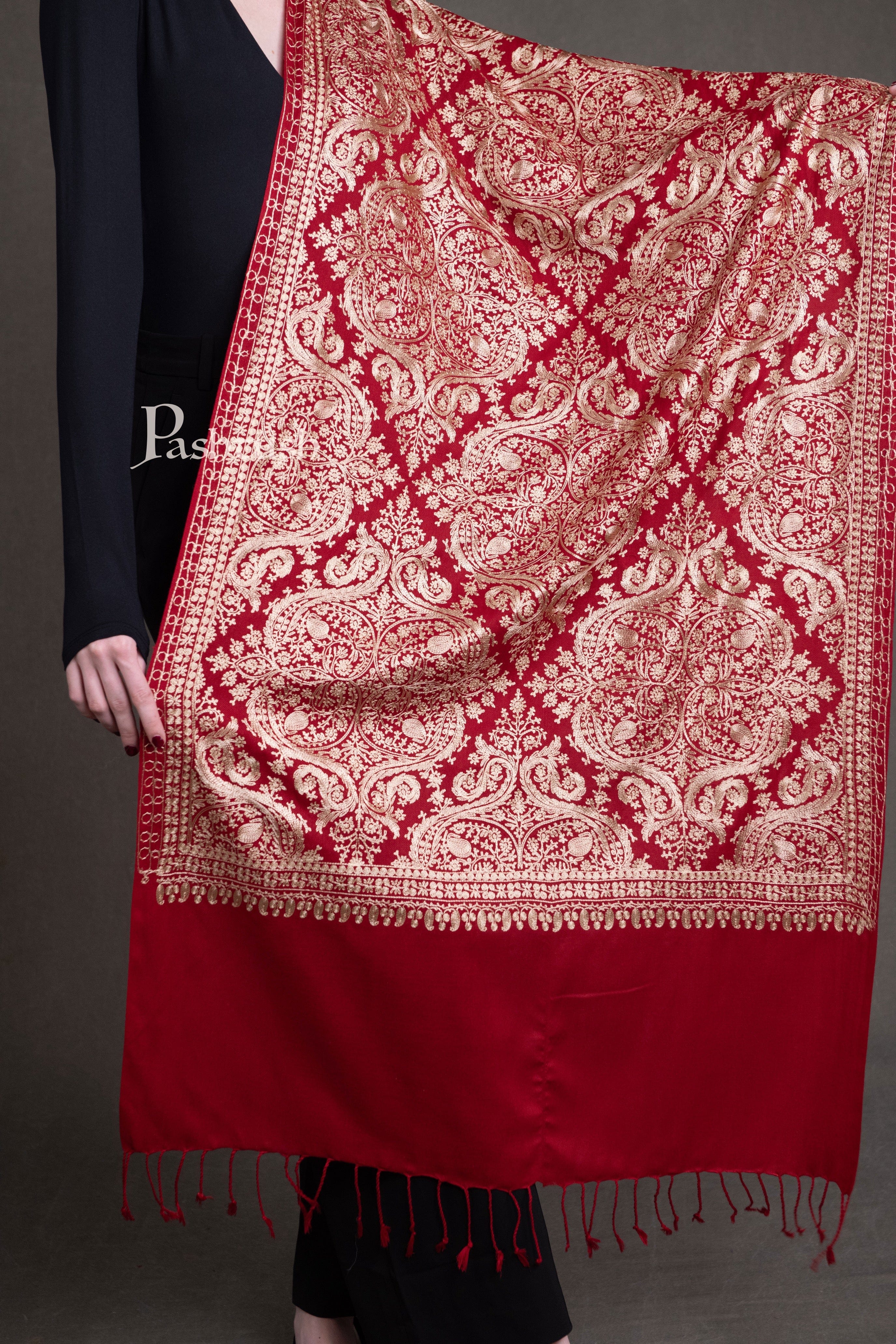 Pashtush Womens Fine Wool Stole, Silky Thread Nalki Embroidery Design, Red - Image 3
