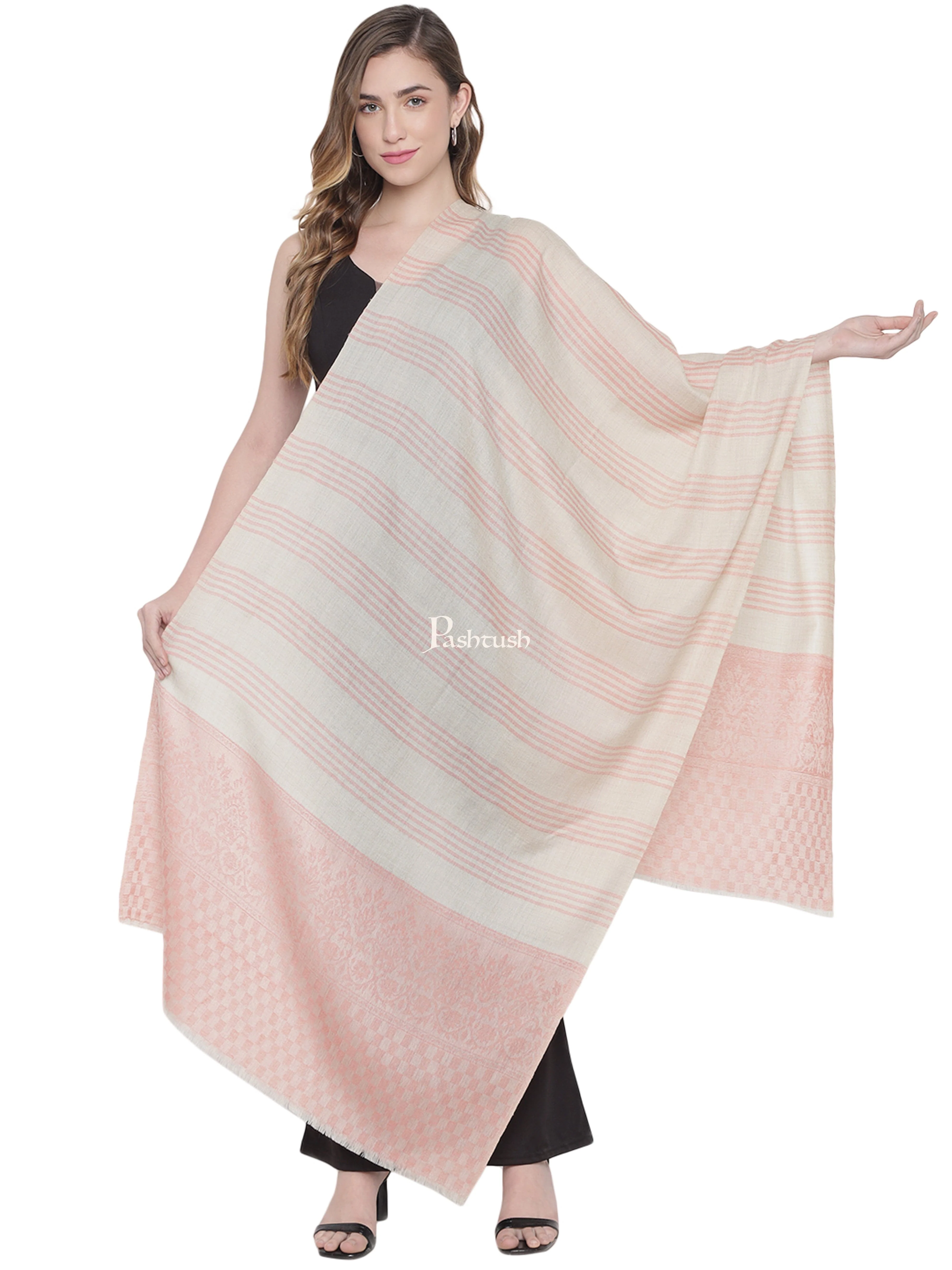 Pashtush Womens Fine Wool Stole, Striped Weave, Beige and Peach - Image 3