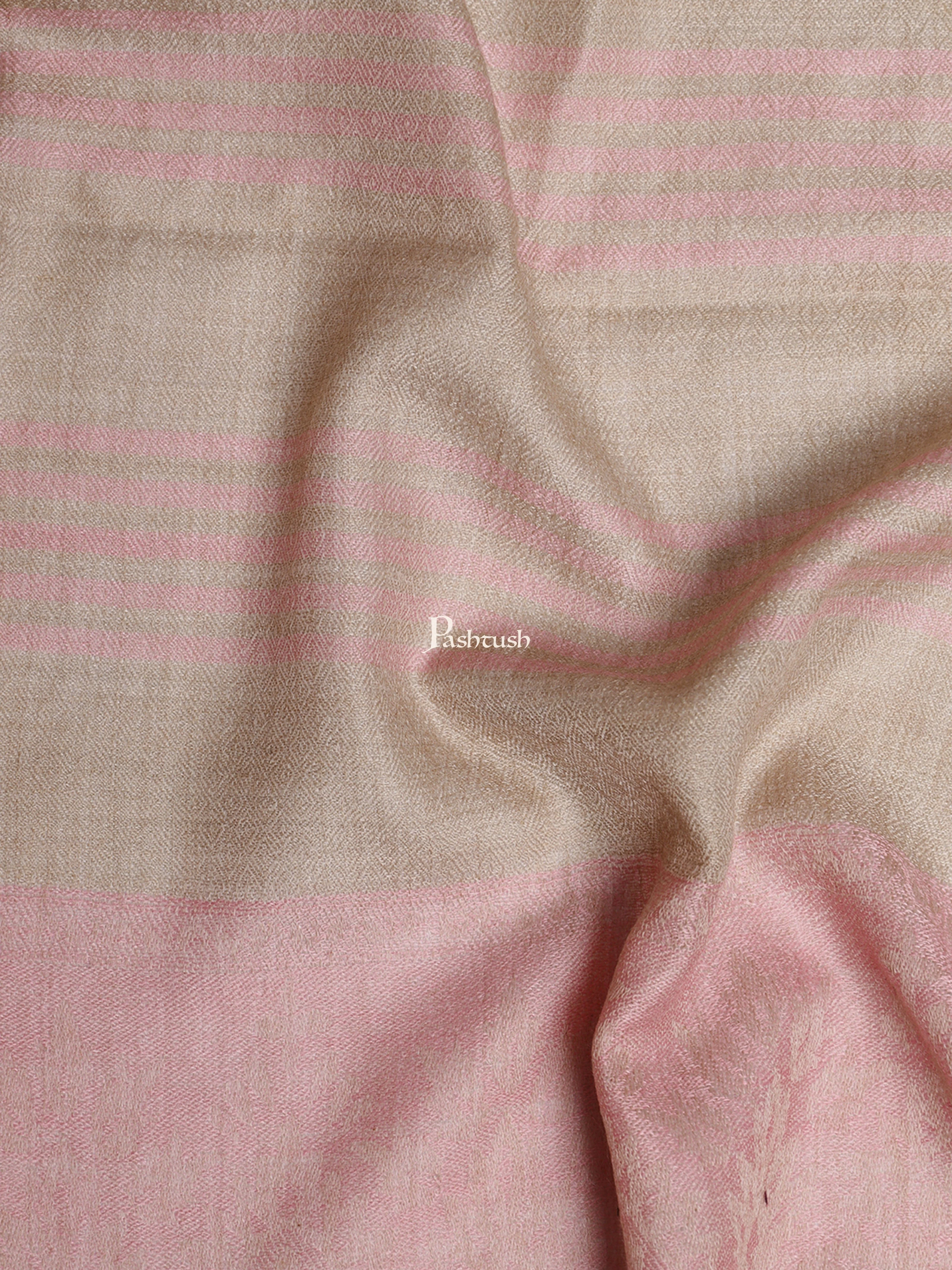 Pashtush Womens Fine Wool Stole, Striped Weave, Beige and Pink - Image 2