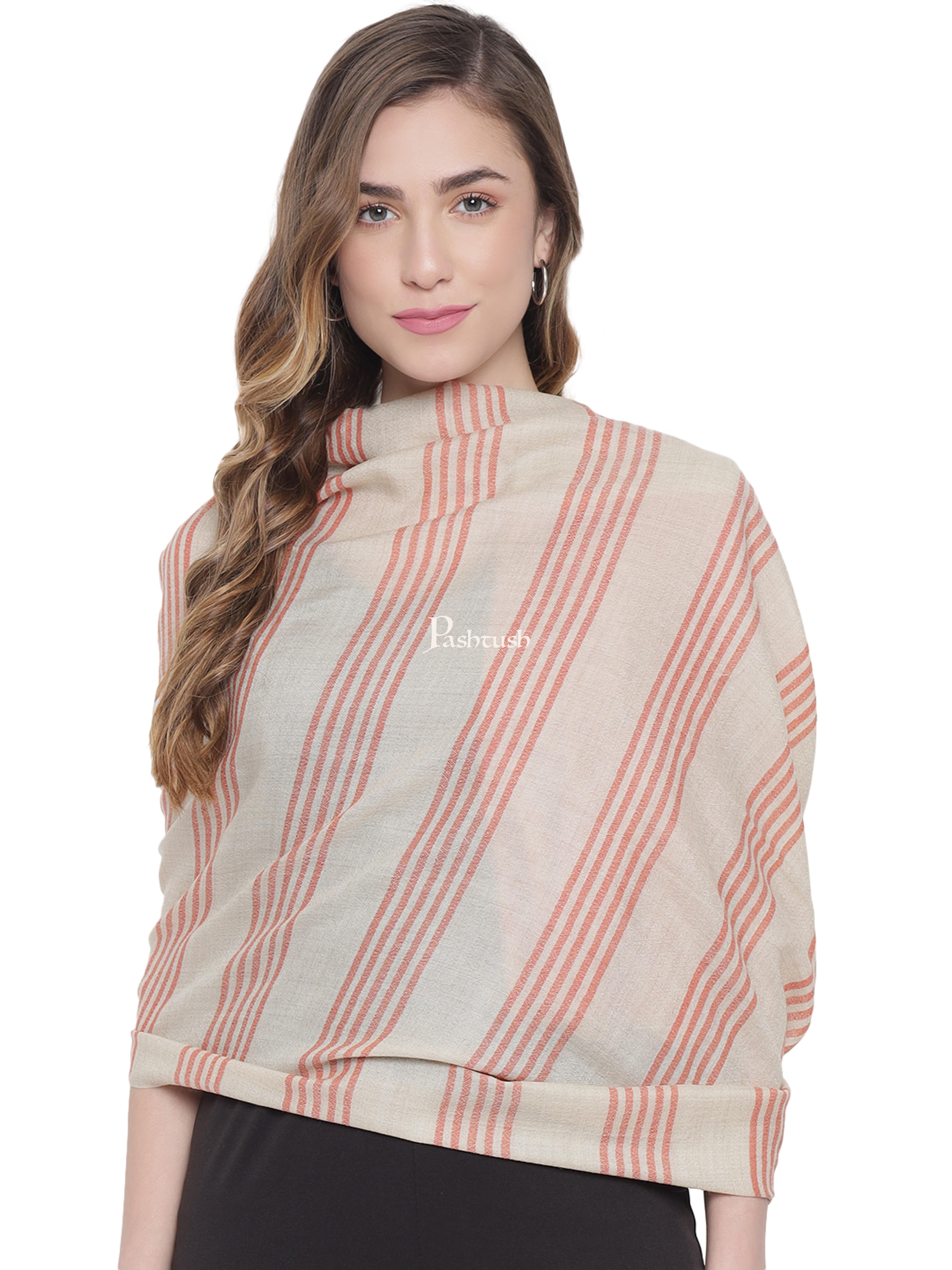 Pashtush Womens Fine Wool Stole, Striped Weave, Beige and Rust - Image 5
