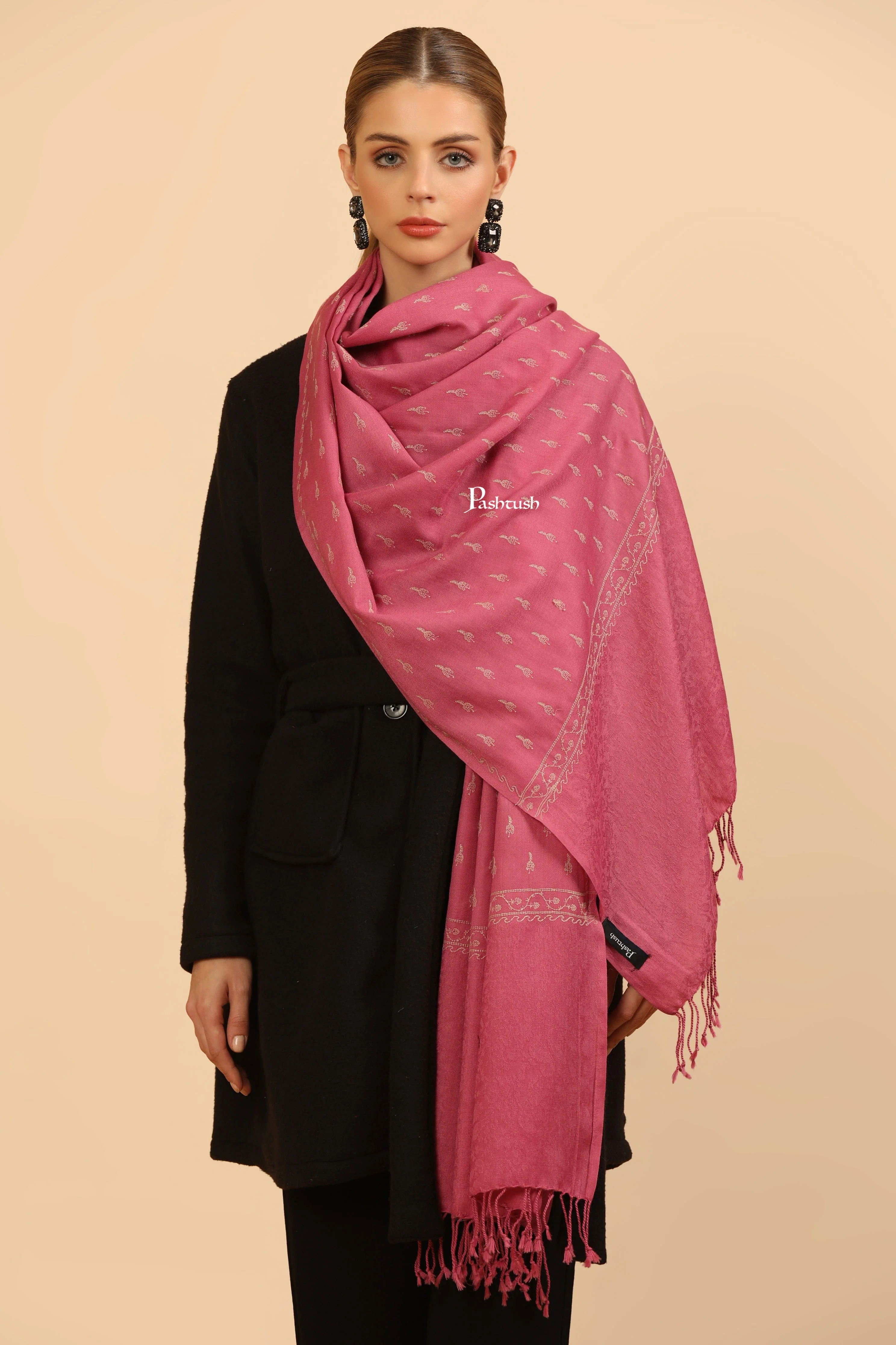 Pashtush Womens Fine Wool Stole, Tone On Tone Embroidery Design, Pink - Image 3