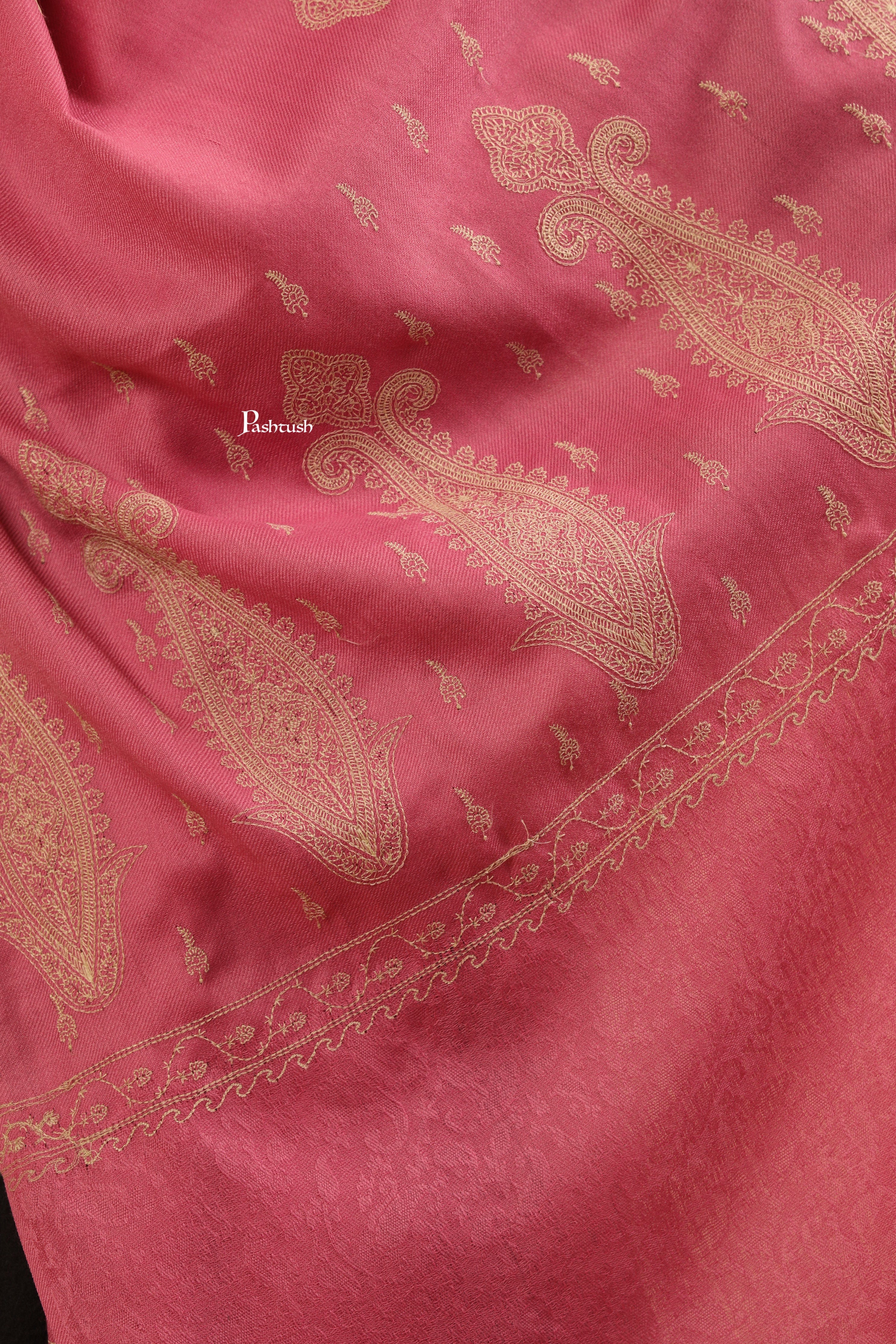 Pashtush Womens Fine Wool Stole, Tone On Tone Embroidery Design, Pink - Image 2