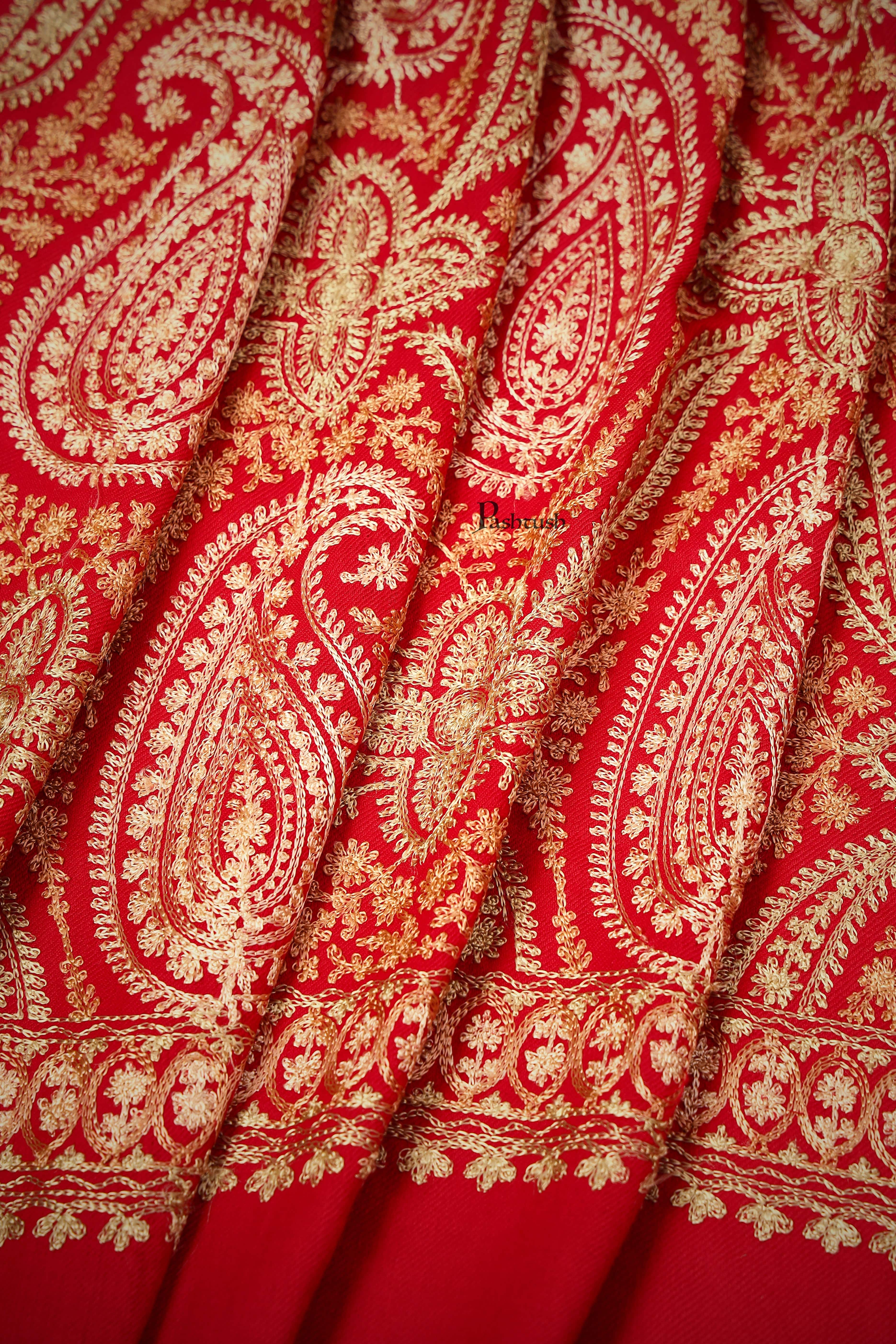 Pashtush Womens Fine Wool Stole, With Silky Nalki Embroidery, Self Weave, Crimson Red - Image 2