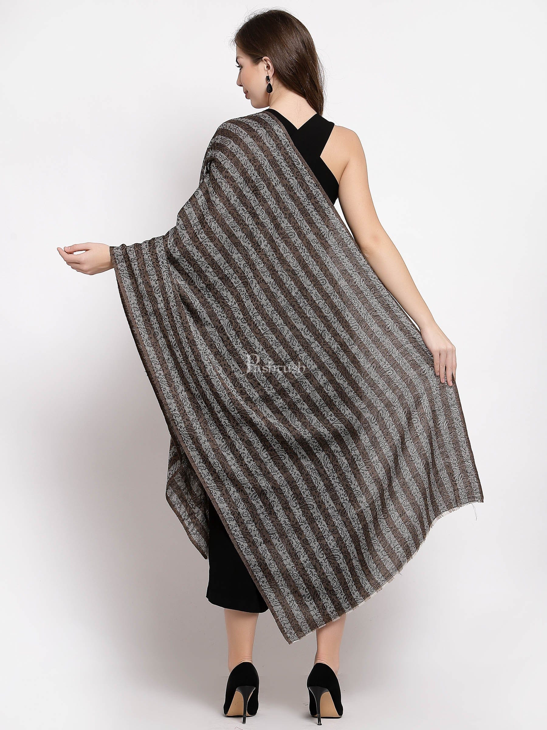 Pashtush Women'S Fine Wool Striped Stole, Self Weave, Black And Brown - Image 3
