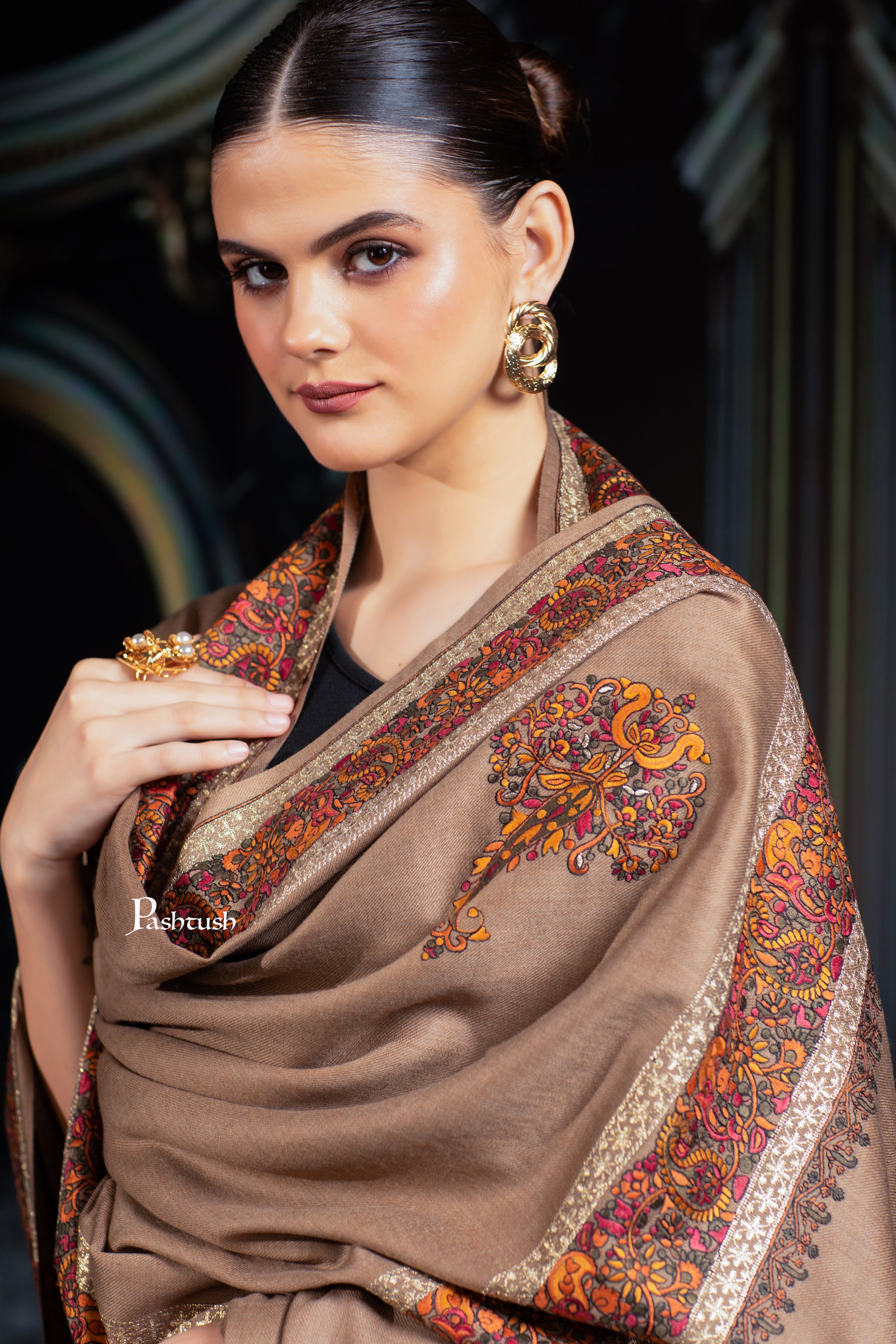 Pashtush Womens Fine Wool Tilla Border Shawl, Challa Daur with Metallic Detailing, Taupe - Image 8
