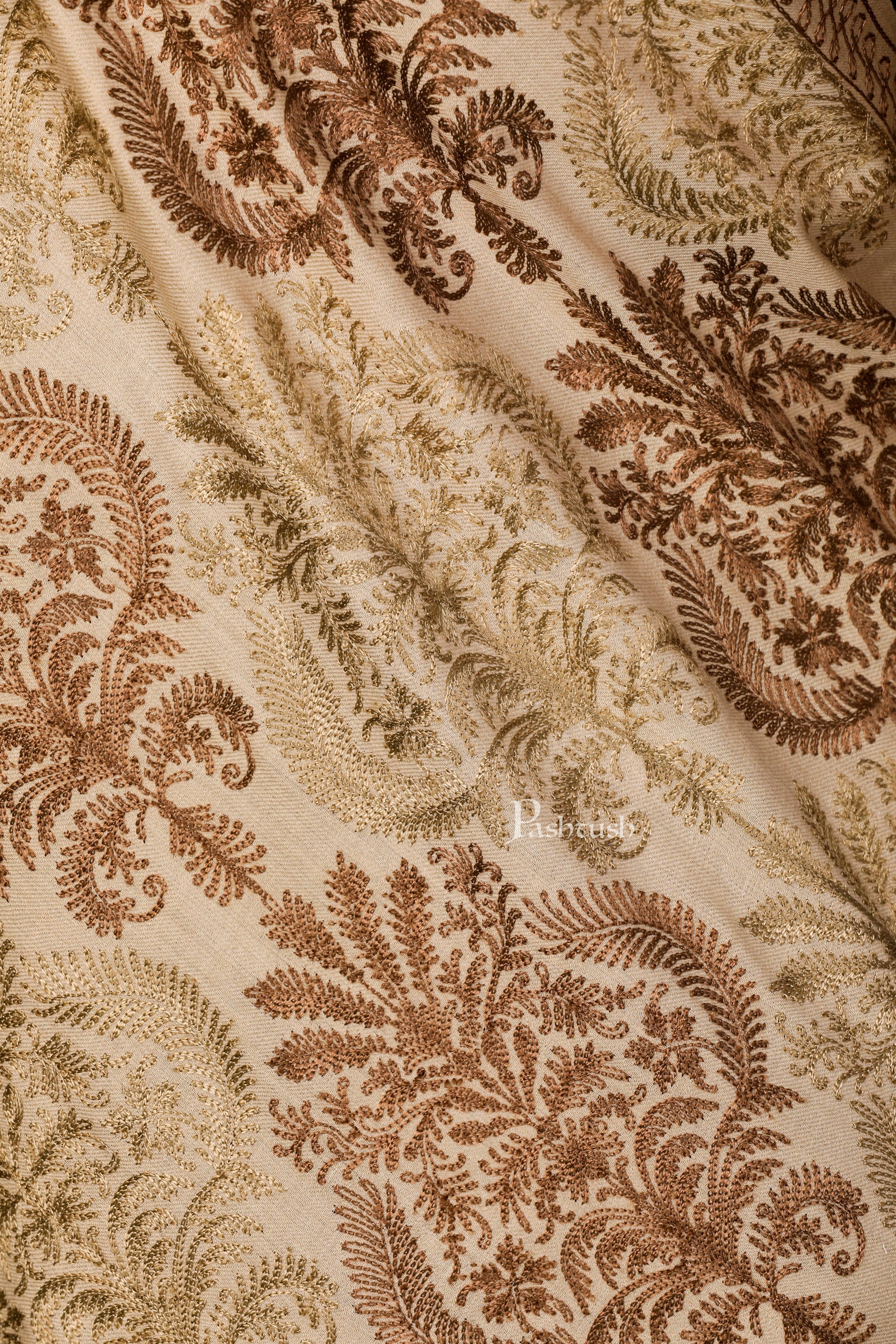 Pashtush Womens Fine Woollen, Silky Nalki Embroidery Needlework Stole, Sahara Beige - Image 2