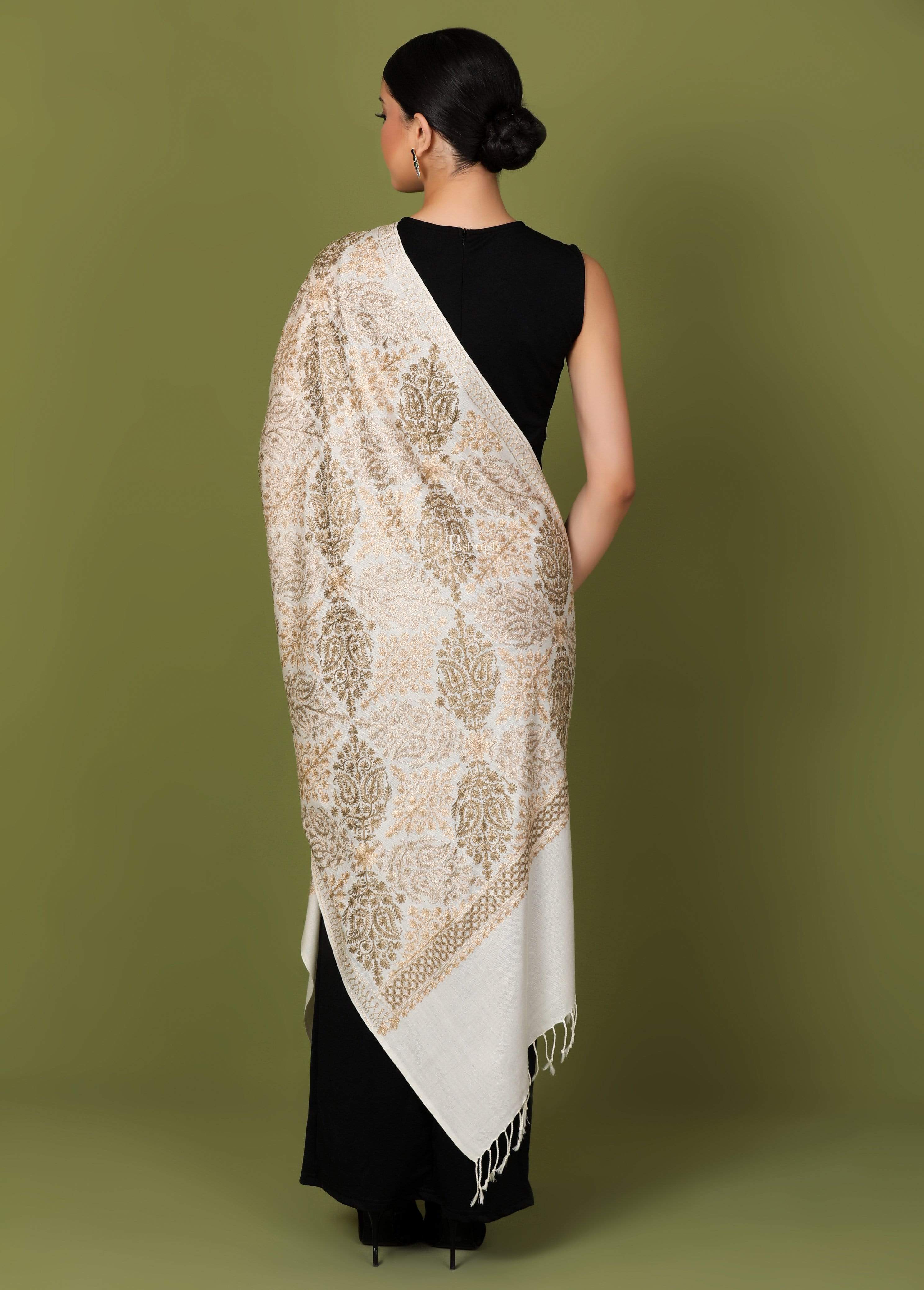 Pashtush Womens Fine Woollen, Silky Nalki Embroidery Needlework Stole, White - Image 3