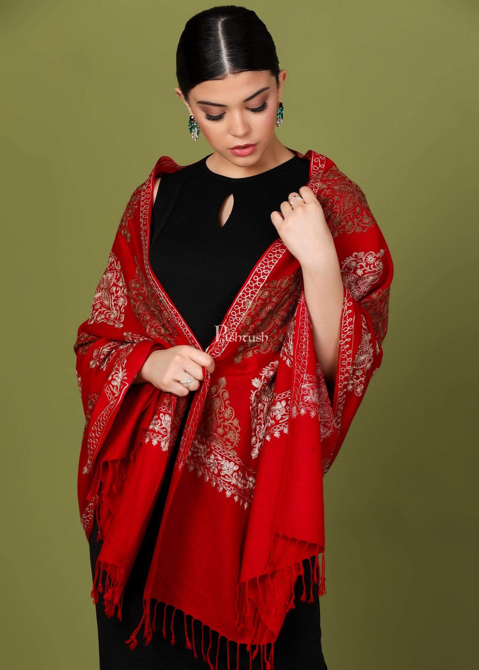 Pashtush Womens Fine Woollen, Silky Thread Nalki Embroidery Stole, Maroon - Image 5