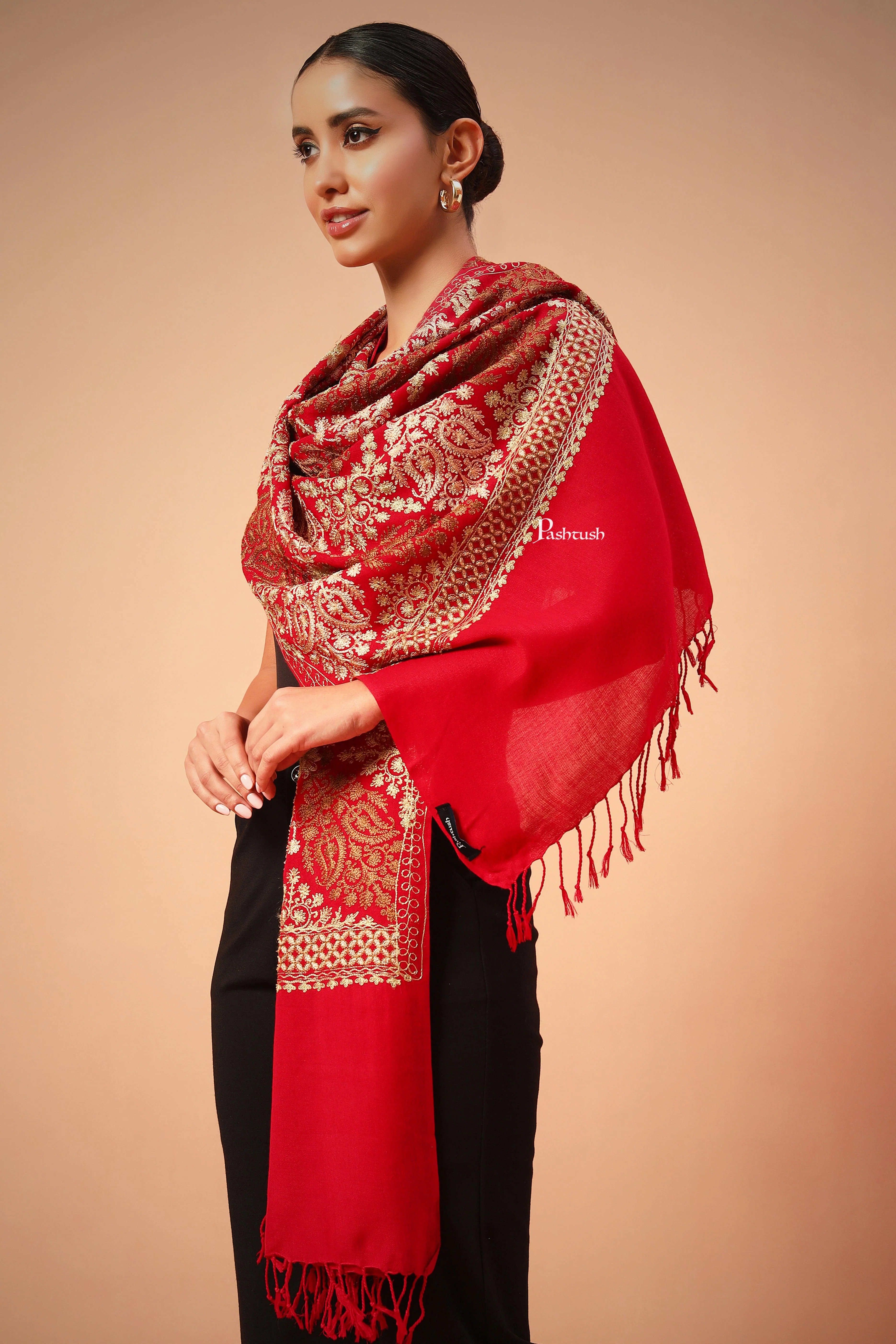 Pashtush Womens Fine Woollen, Silky Thread Nalki Embroidery Stole, Maroon - Image 6