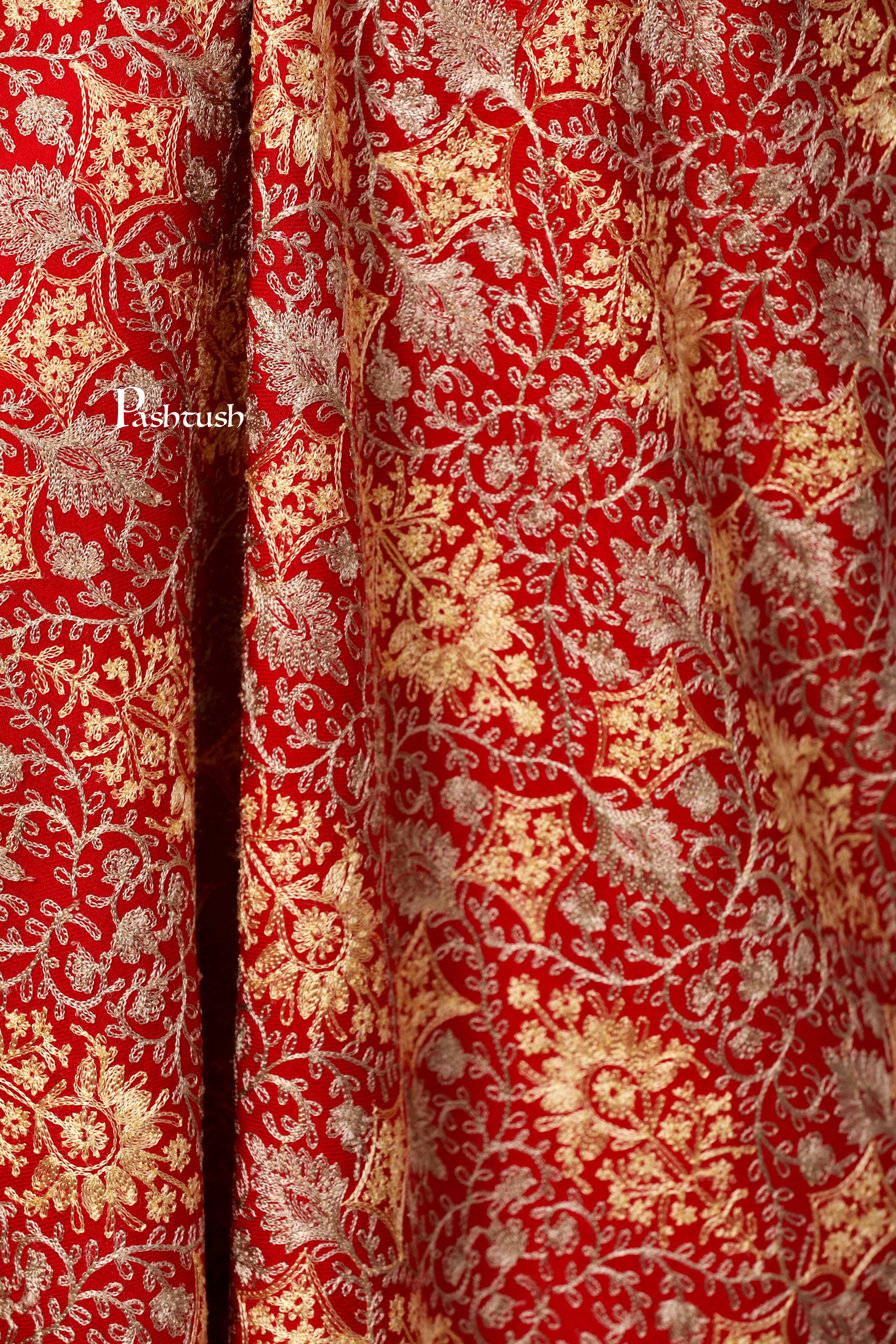 Pashtush Womens Woollen, Silky Thread Nalki Embroidery Stole, Red - Image 2