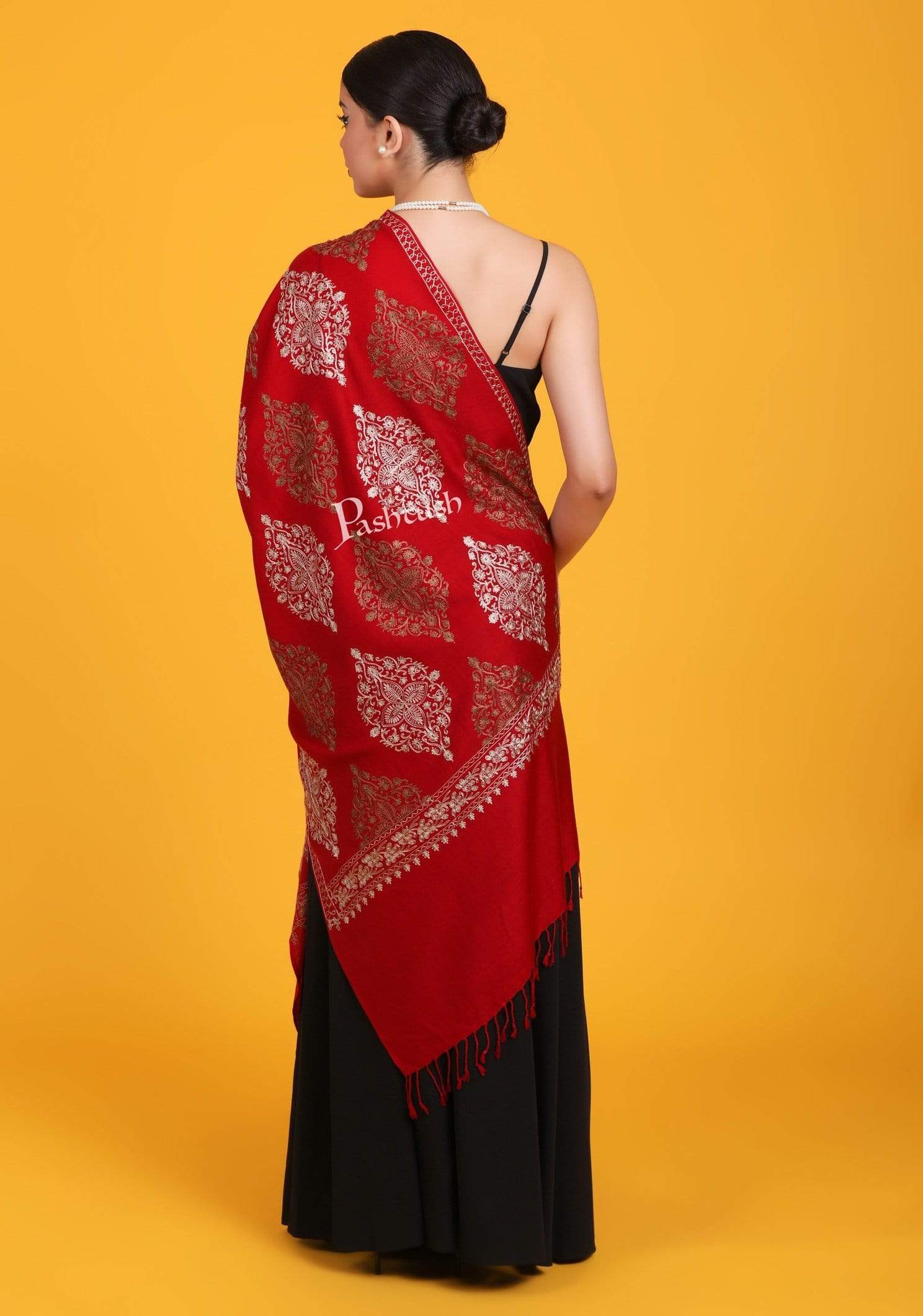 Pashtush Womens Fine Woollen, Silky Thread Nalki Embroidery Stole, Red - Image 3