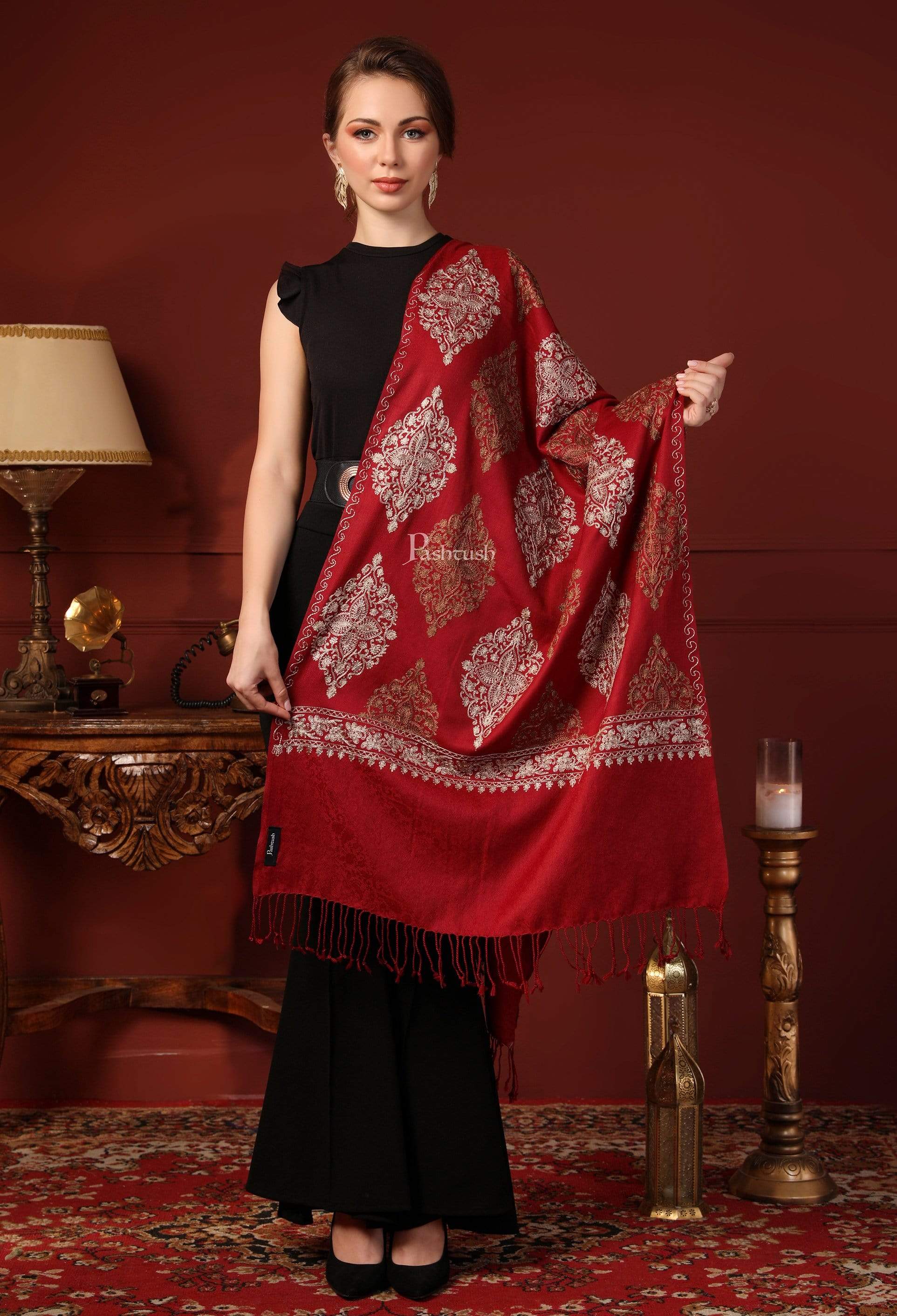 Pashtush Womens Fine Woollen, Silky Thread Nalki Embroidery Stole, Red - Image 4