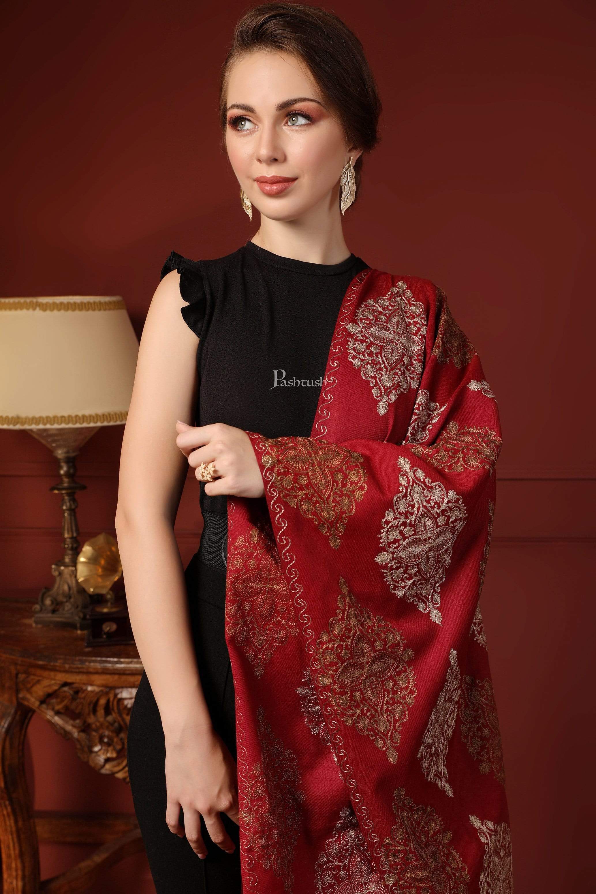 Pashtush Womens Fine Woollen, Silky Thread Nalki Embroidery Stole, Red - Image 5