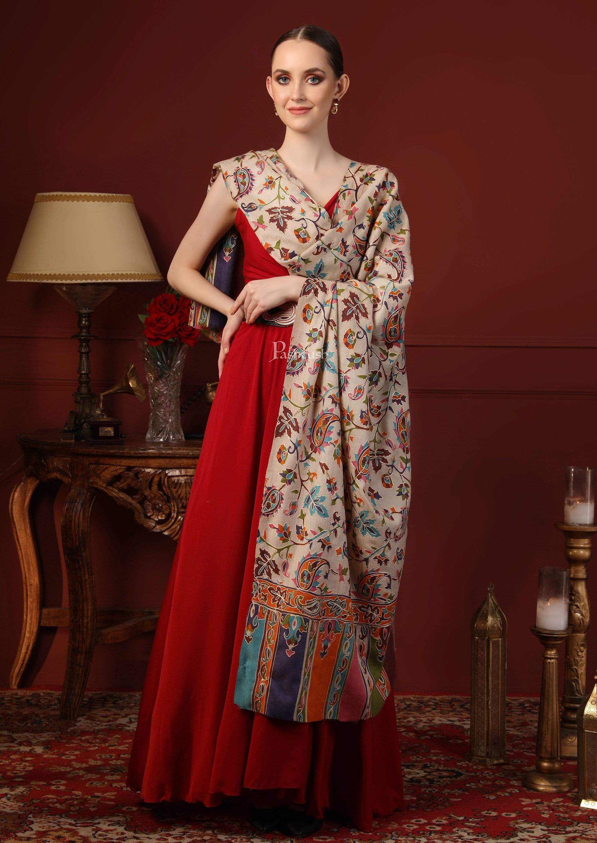 Pashtush Womens Hand Embroidered Kalamkari Shawl, Fine Wool - Image 3
