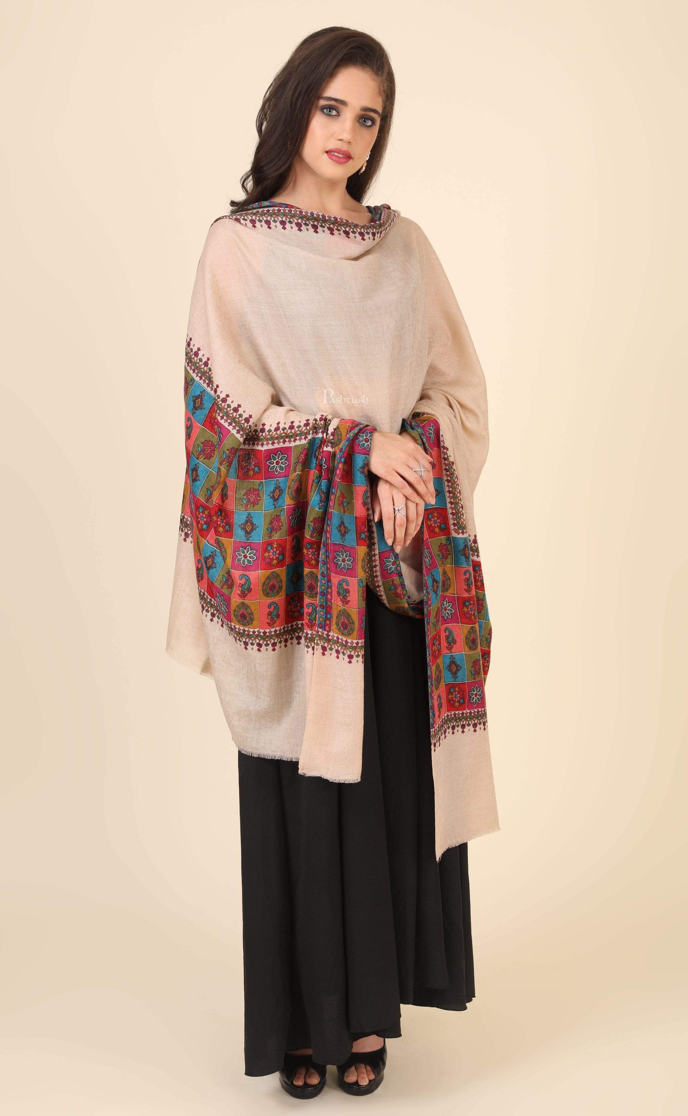 Pashtush Womens Hand Embroidered Kalamkari Shawl, Fine Wool - Image 4