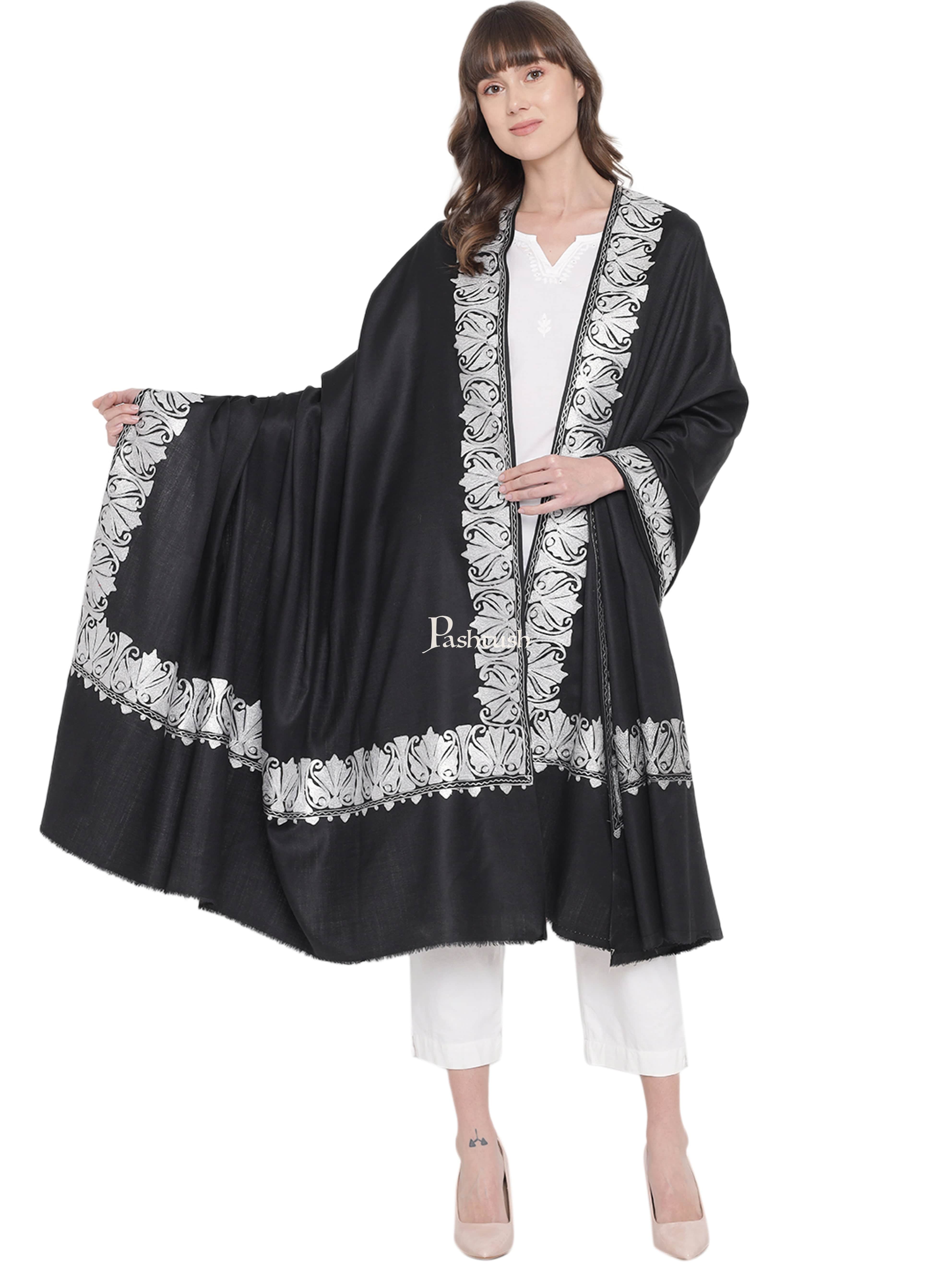 Pashtush Womens Hand Embroidery Shawl, Border Design With Tilla Zari Work - Black - Image 3